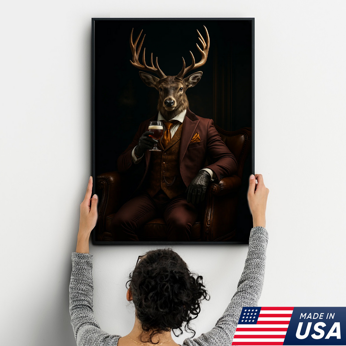 Deer Gentleman Canvas Wall Art – Rustic Lodge Decor, Anthropomorphic Buck in Suit