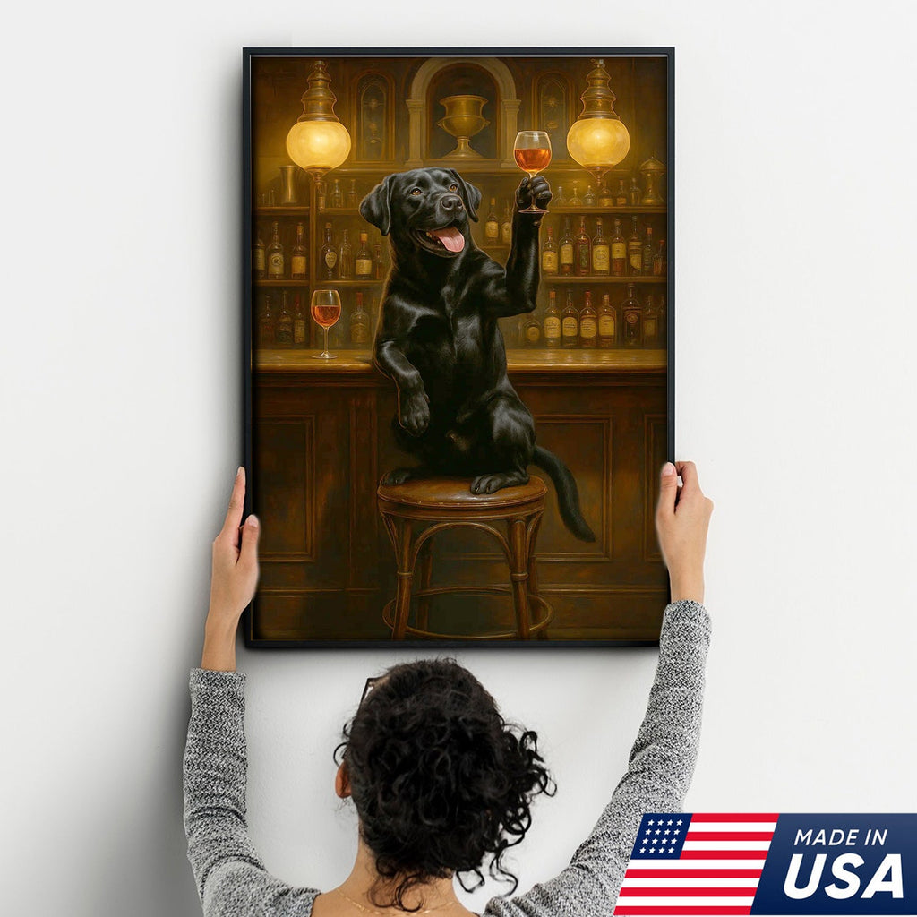 Bar Dog Canvas Art – Cheerful Black Labrador Raising a Fancy Drink