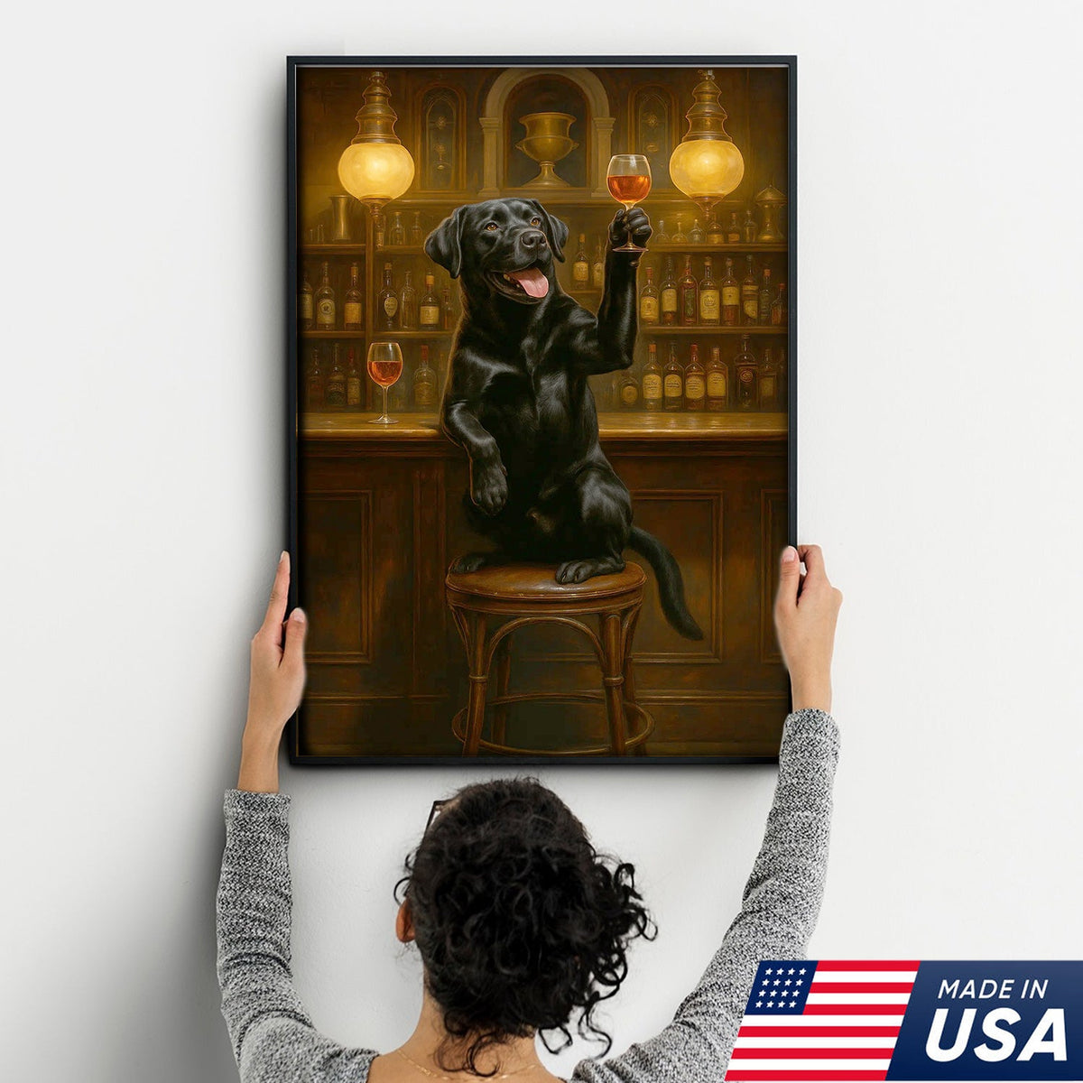 Bar Dog Canvas Art – Cheerful Black Labrador Raising a Fancy Drink
