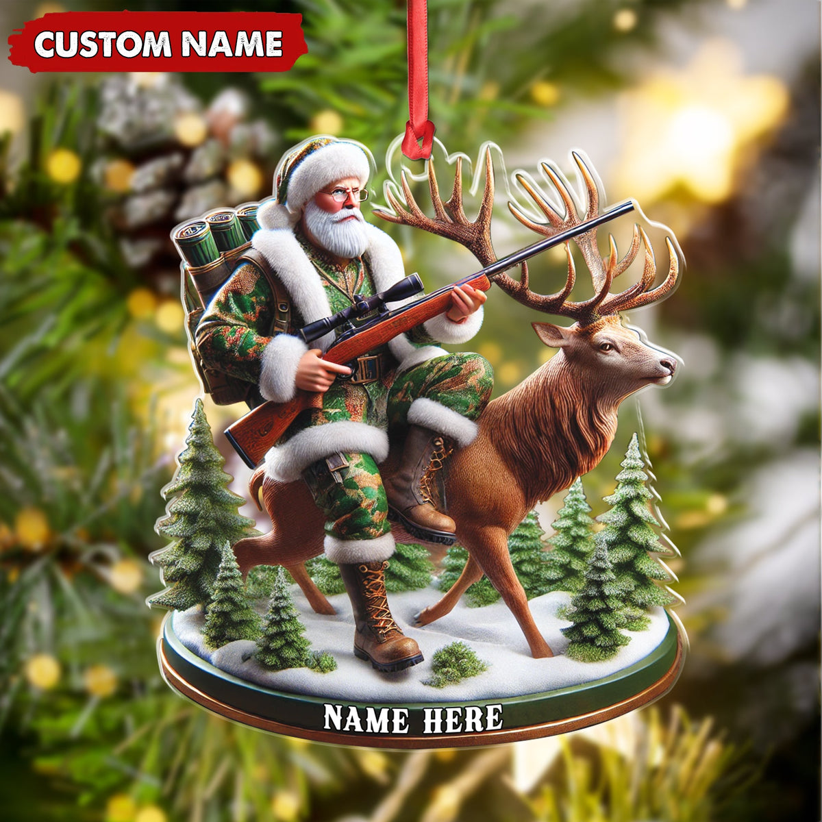 Personalized Acrylic Hunter Santa Riding Deer Christmas Ornament - Custom Hunting Gift Decoration