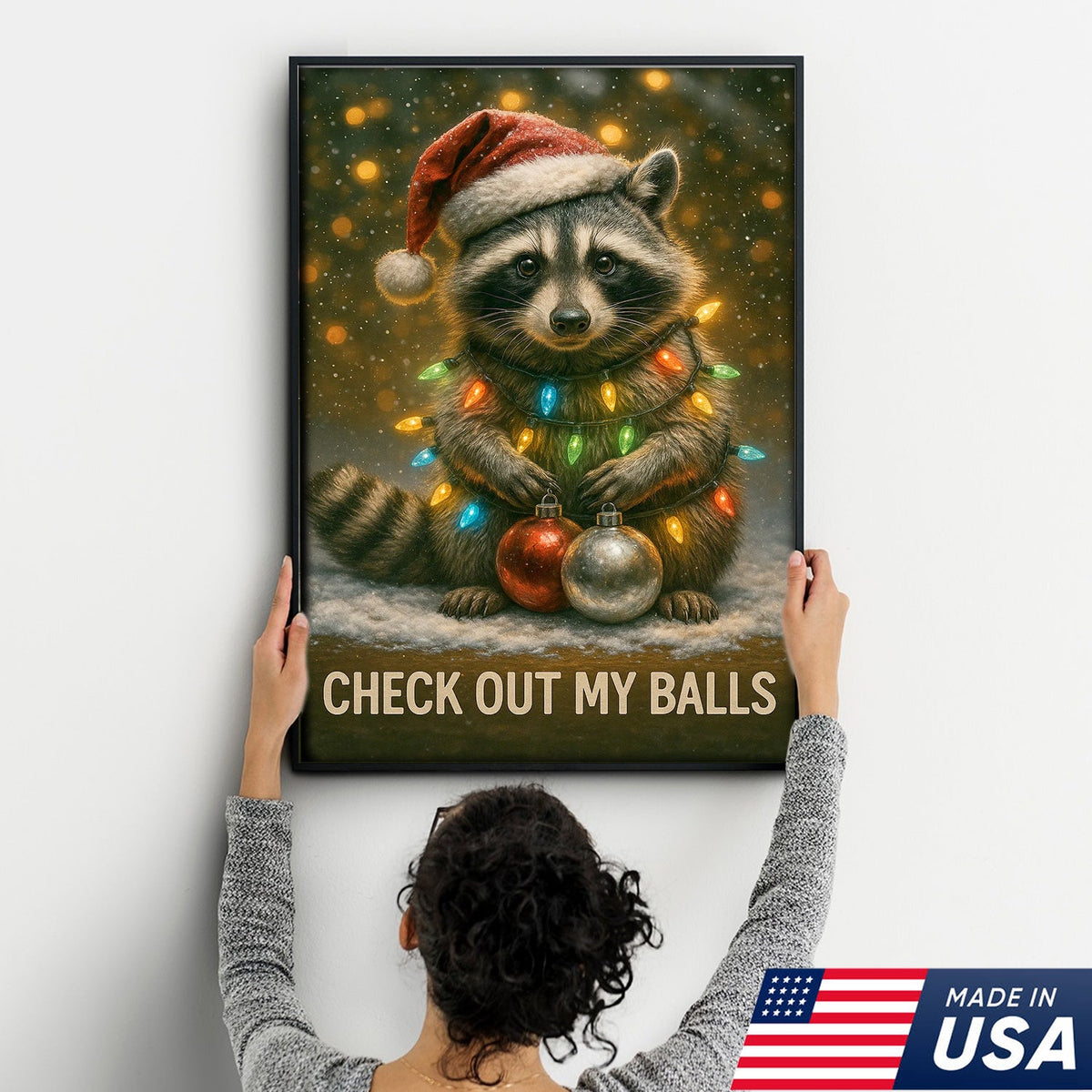 Funny Christmas Raccoon Canvas Art – Cute Holiday Raccoon with Lights & Ornaments