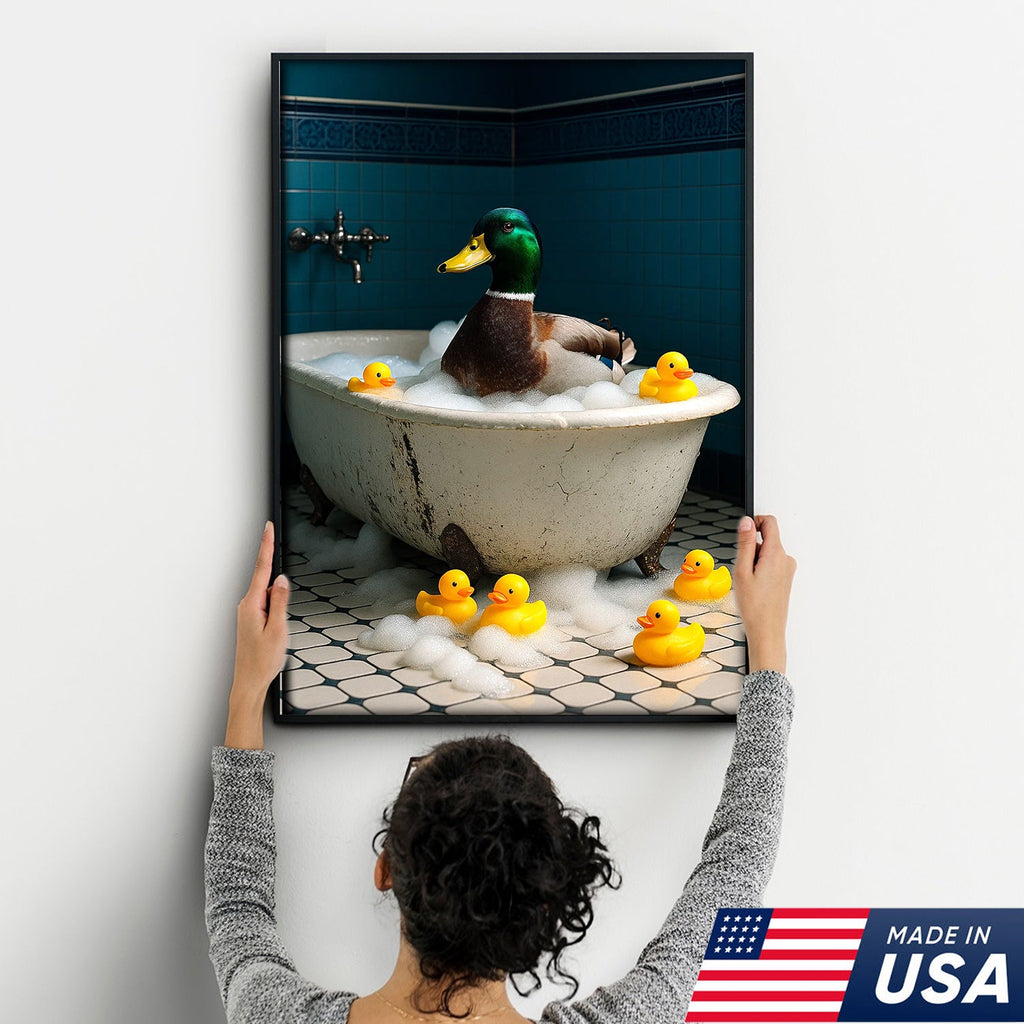 Bubble Bath Duck Canvas Art – Funny Duck in Foamy Tub with Rubber Ducklings