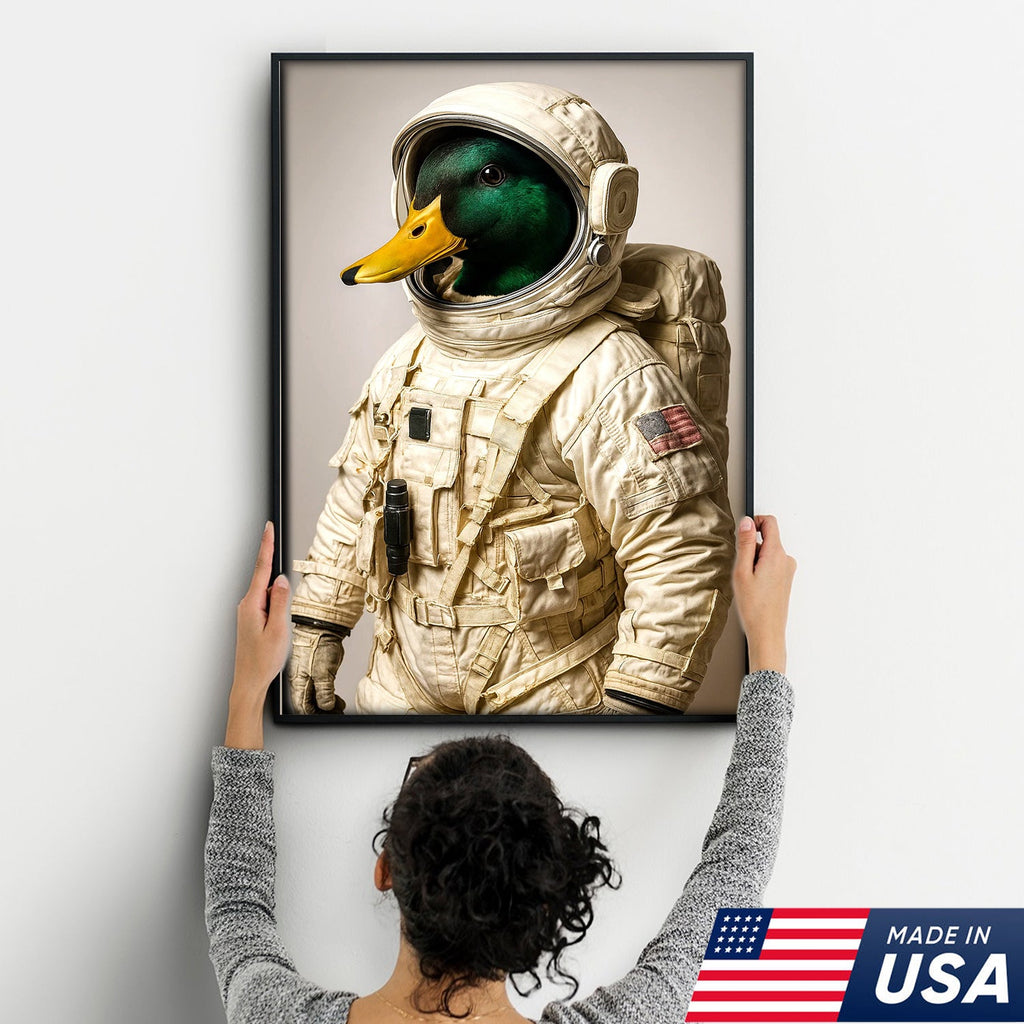 Astronaut Duck Canvas Art – Space Explorer Duck in Full Spacesuit, Whimsical Animal Wall Decor