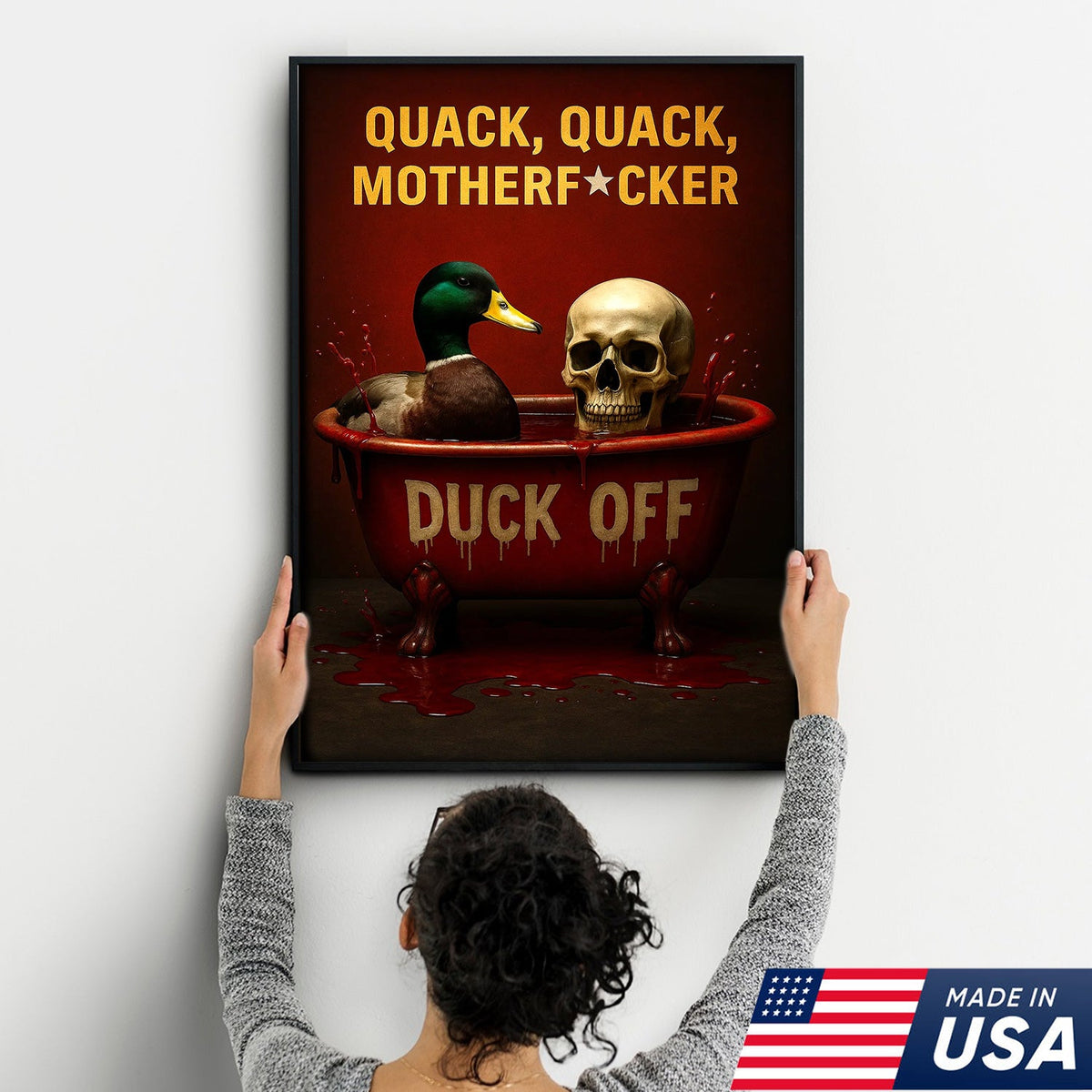 Dark Humor Duck Canvas Art – Savage Duck in Bloody Tub with Skull, Horror-Style “Duck Off” Wall Decor