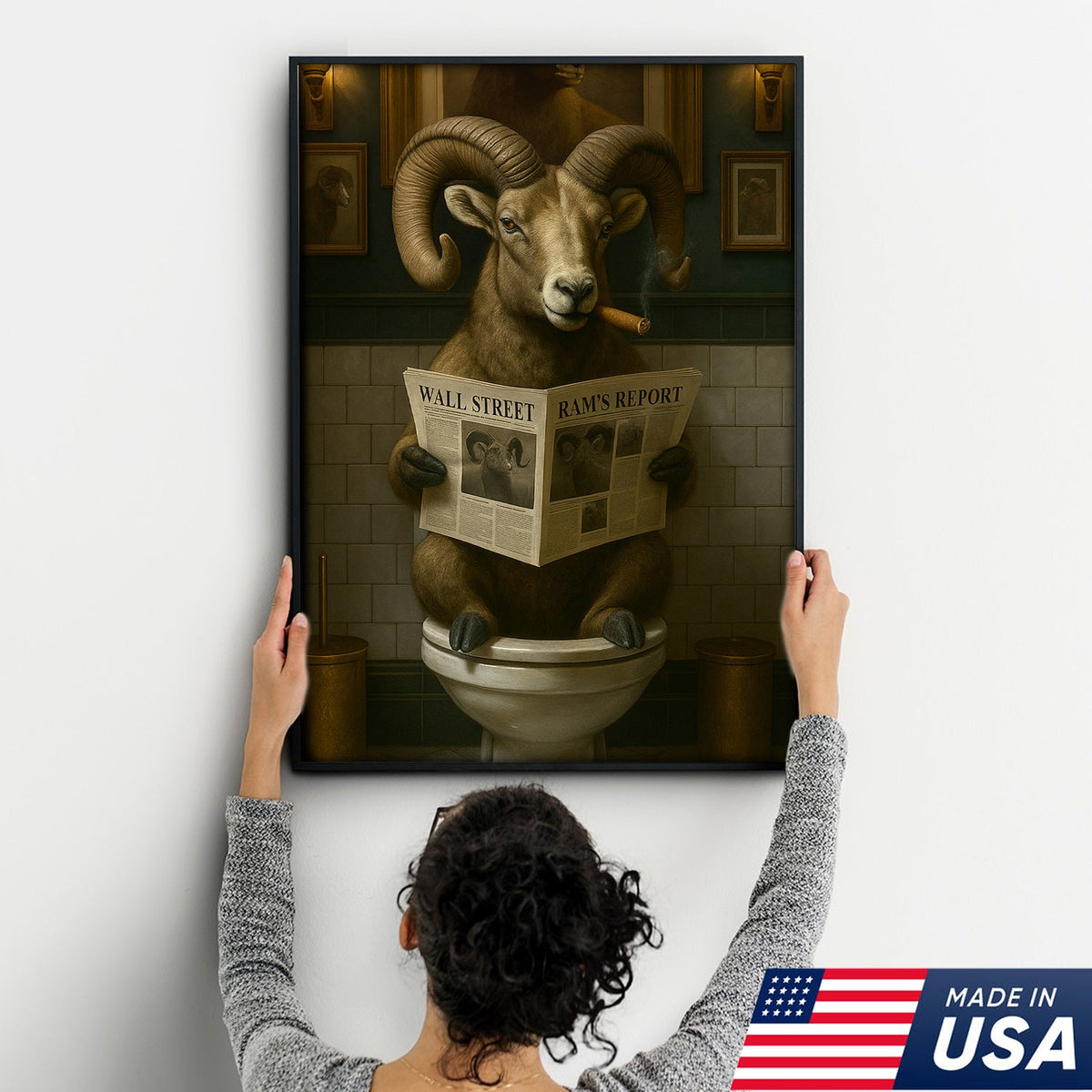 Funny Bighorn Sheep Bathroom Wall Art – Rustic Hunting Cabin & Man Cave Decor