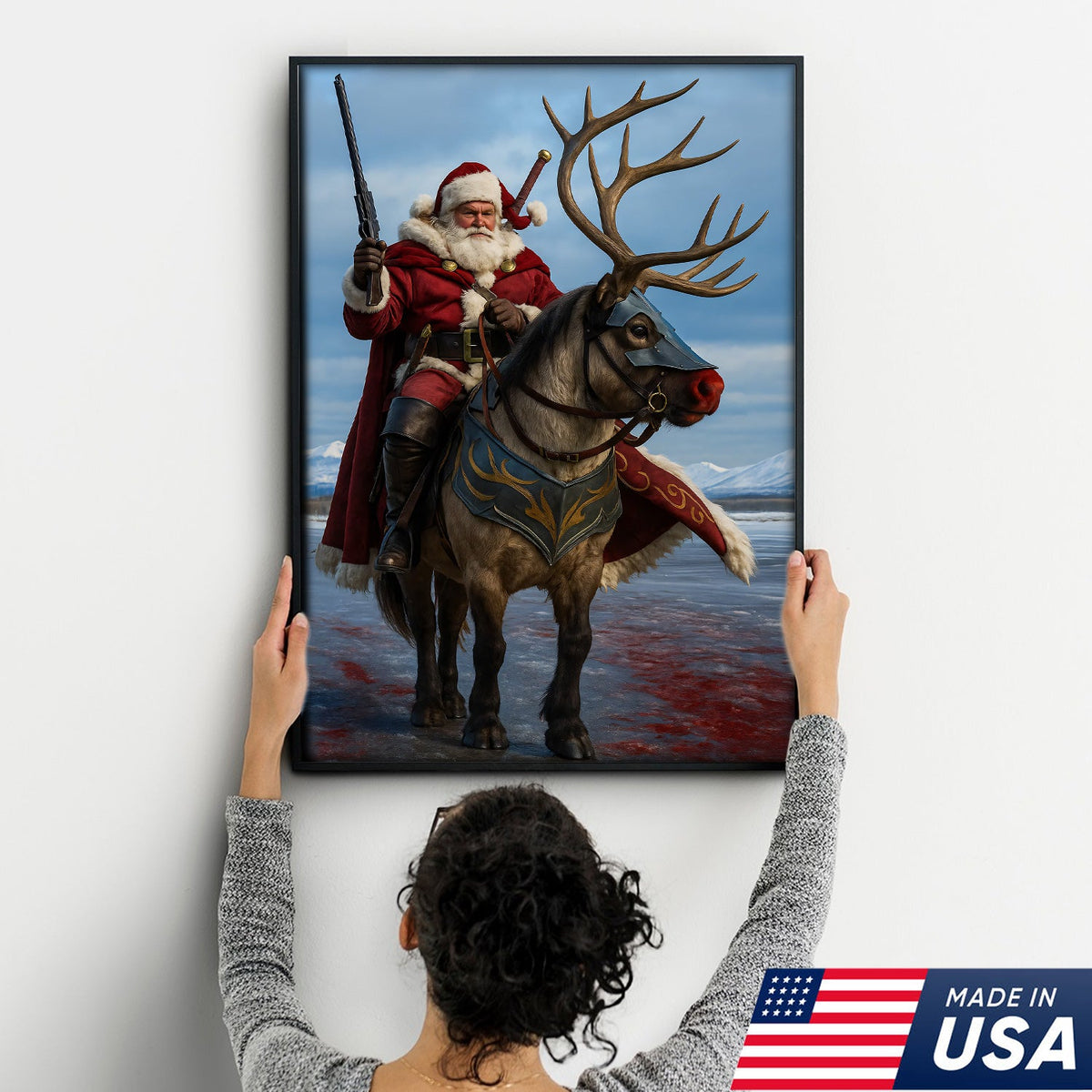 Epic Santa Riding Reindeer Canvas Wall Art, Fantasy Warrior Santa on Armored Reindeer