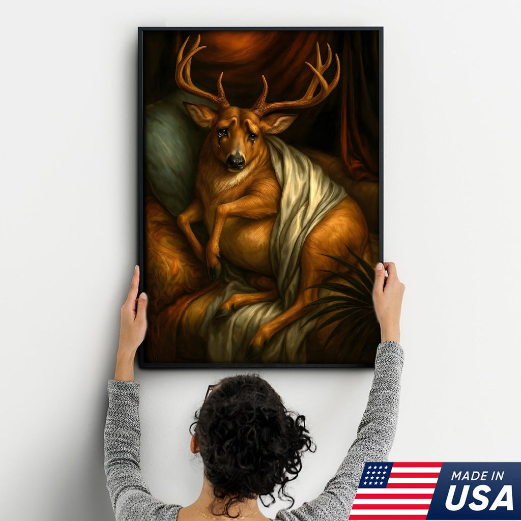 Funny Deer Portrait Canvas Wall Art, Renaissance Buck Painting with Draped Cloth