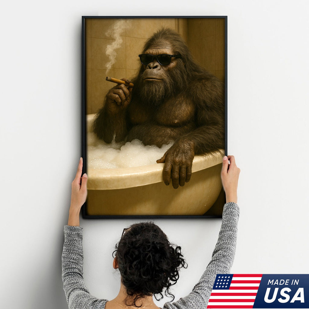 Funny Bigfoot Smoking Canvas Wall Art – Cool Bathtub Scene Gift for Hunters & Outdoorsmen