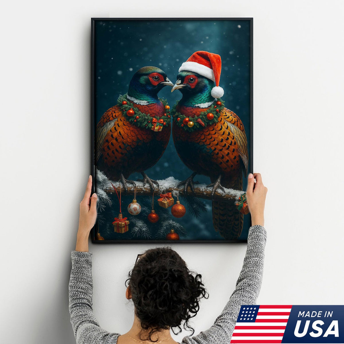 Christmas Pheasant Wall Art Canvas - Holiday Bird Couple Print, Rustic Wildlife Decor
