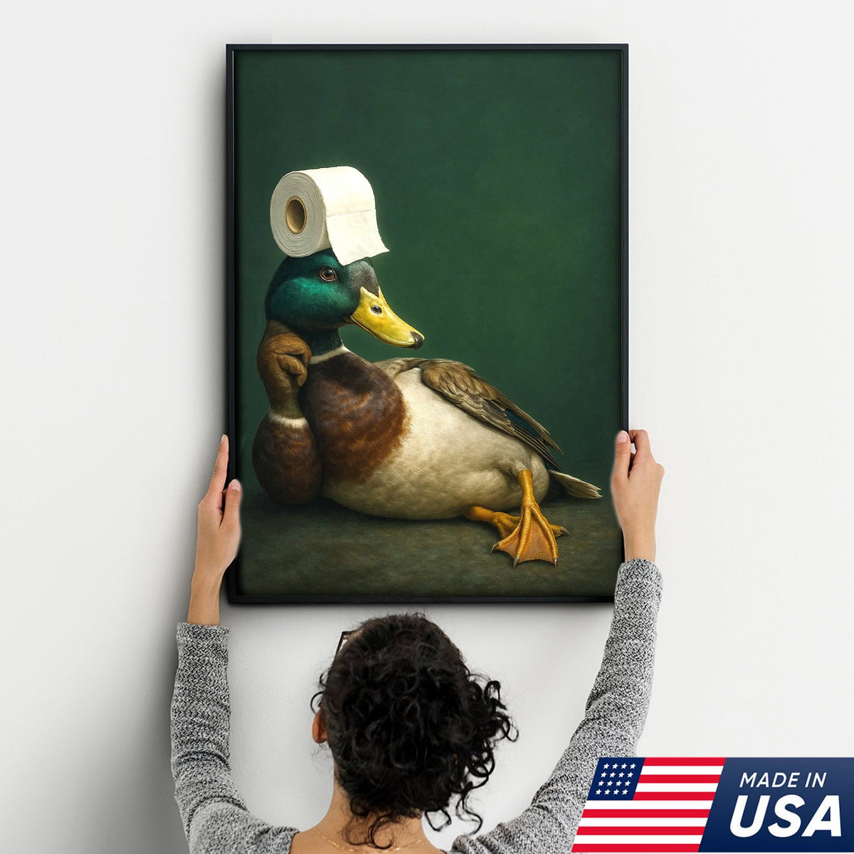 Funny Duck Bathroom Canvas Wall Art – Quirky Rustic Lodge Decor – Mallard Humor Gift Idea
