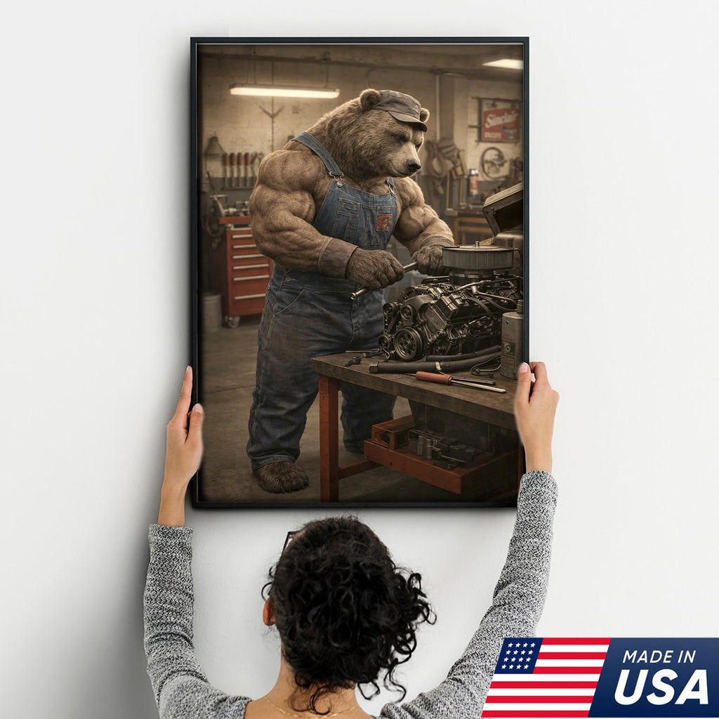 Muscular Bear Mechanic Canvas Wall Art – Realistic Animal Workshop Print