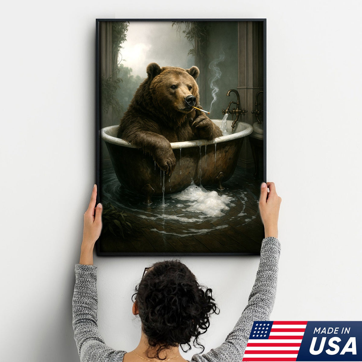 Smoking Bear in Bathtub Canvas – Surreal Rustic Wall Art for Man Cave & Lodge Decor