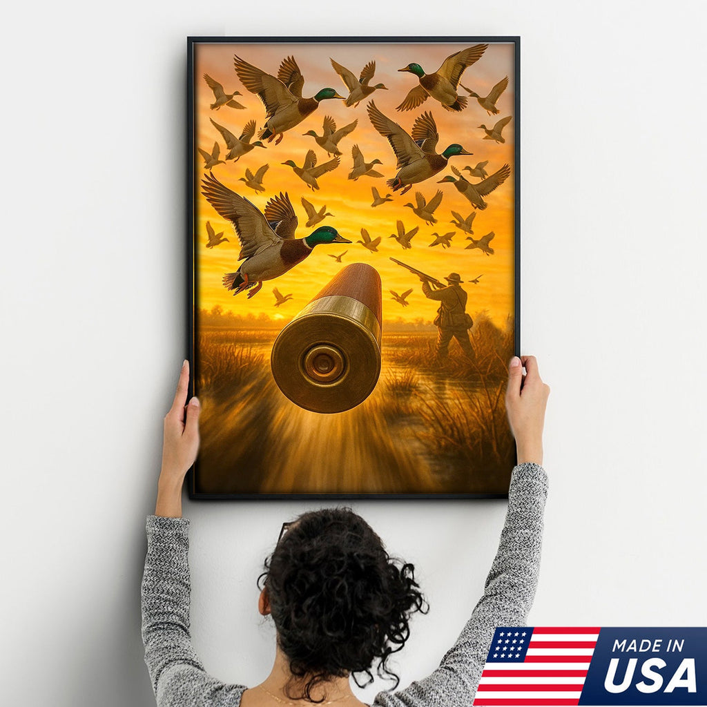 Duck Hunting Canvas Wall Art, Shotgun Shell and Flying Mallards Artwork, Rustic Cabin Decor for Hunters