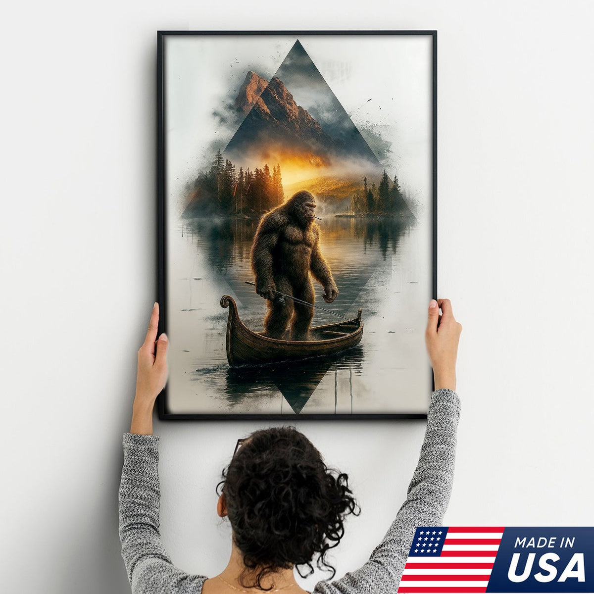 Bigfoot Fishing On Wooden Boat Adventure Canvas Wall Art – Mysterious Forest Lake Decor