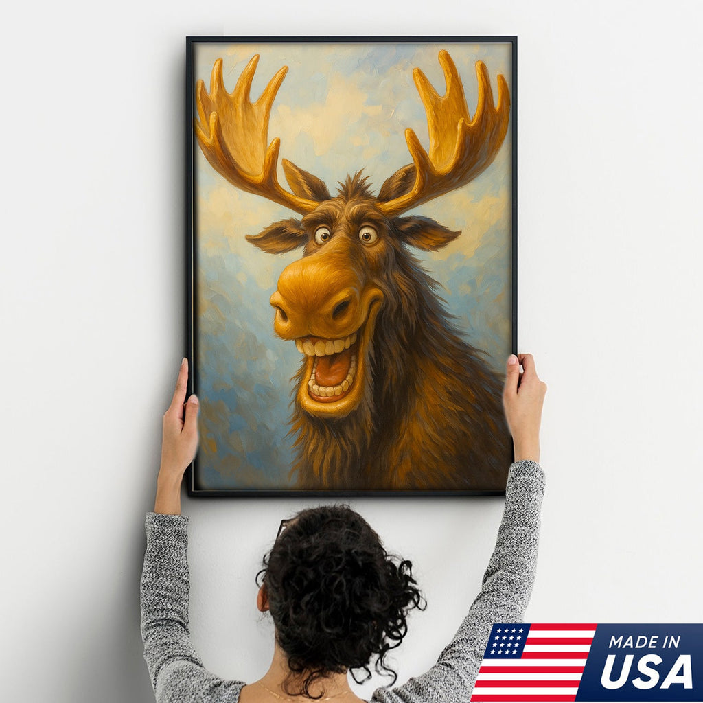 Funny Moose Wall Art – Cartoon Moose Decor, Rustic Cabin Gift, Lodge Bar Humor Canvas Print