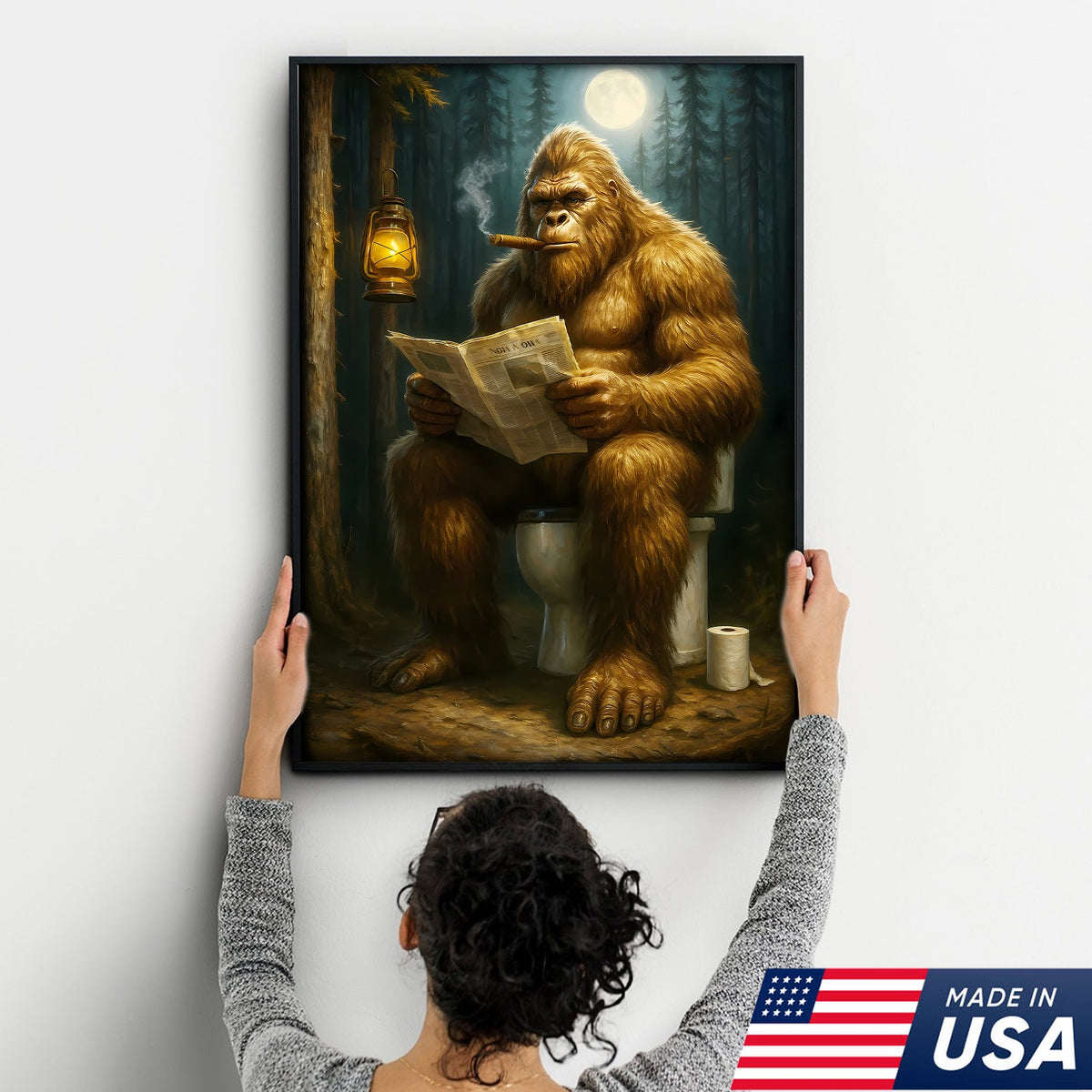 Funny Bigfoot Bathroom Canvas Wall Art, Sasquatch Reading Newspaper Picture