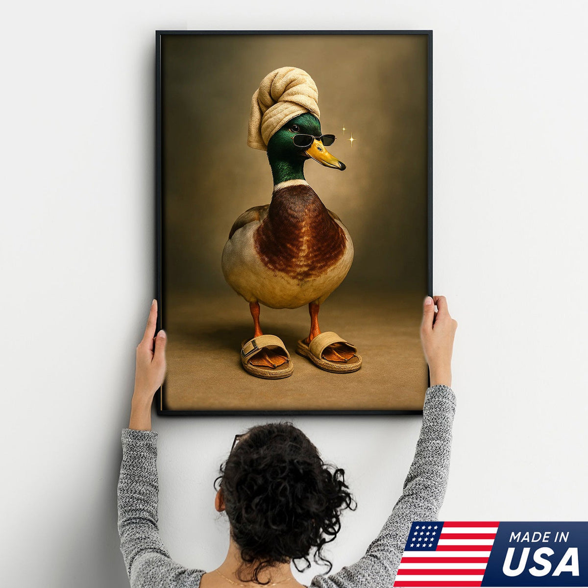 Spa Day Duck Canvas Wall Art, Funny Mallard in Towel and Sandals Bathroom Decor