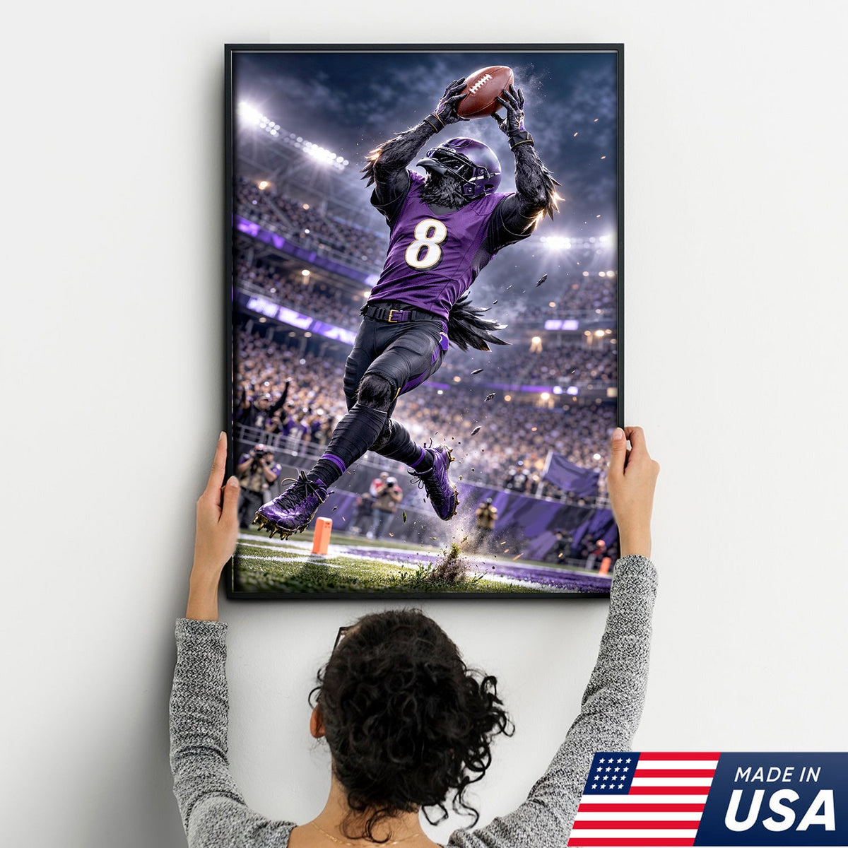 Raven Football Player Canvas Wall Art – Purple Stadium Touchdown Action Print