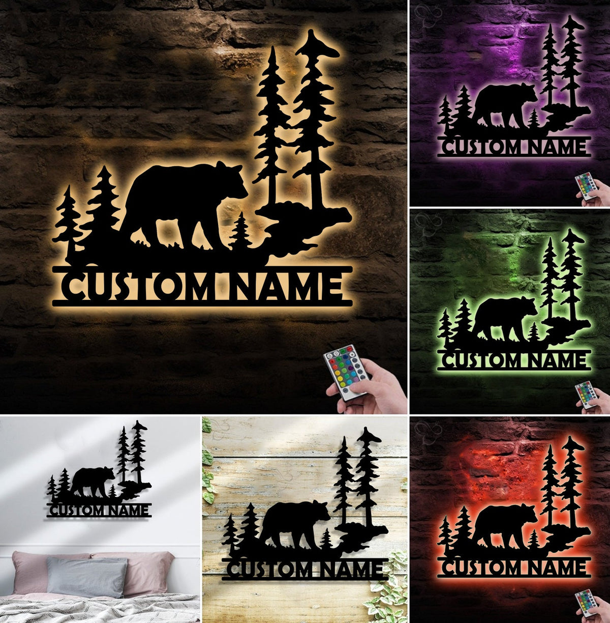 Personalized Bear Metal Sign WITH LED/WITHOUT LED - Rustic Cabin Name Sign