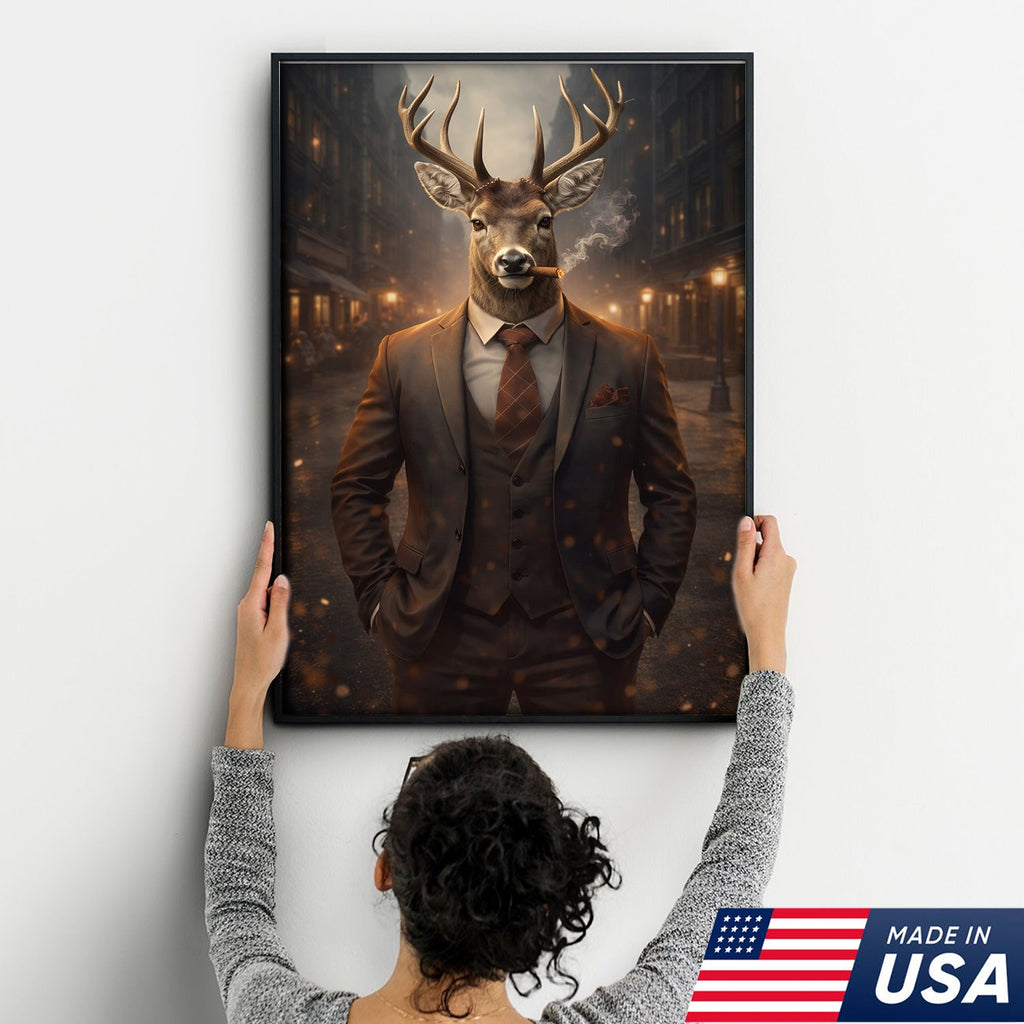 Stylish Deer Gentleman Canvas Wall Art, Anthropomorphic Animal City Night Artwork