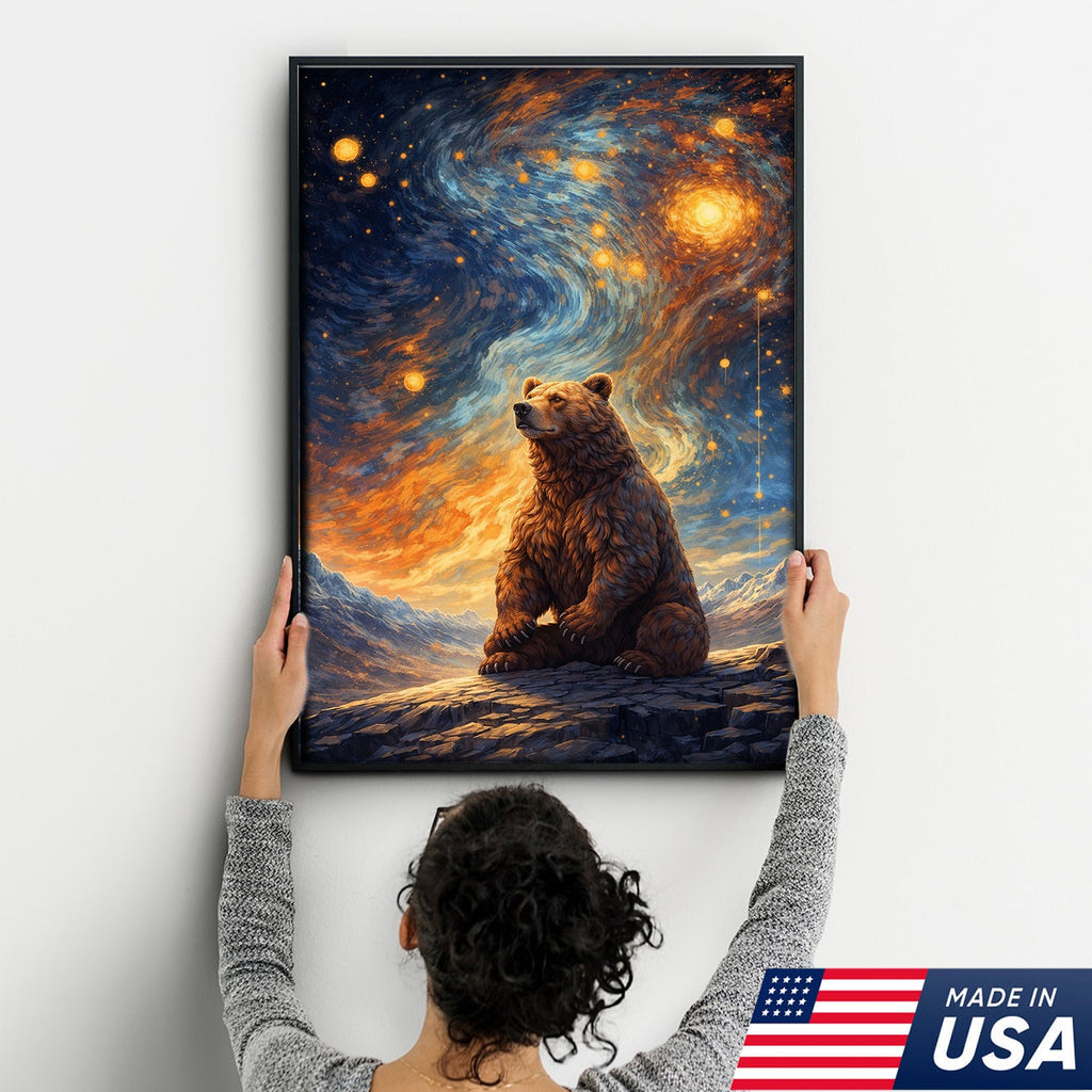 Cosmic Bear Under Starry Sky Canvas – Dreamy Galaxy Wildlife Wall Art