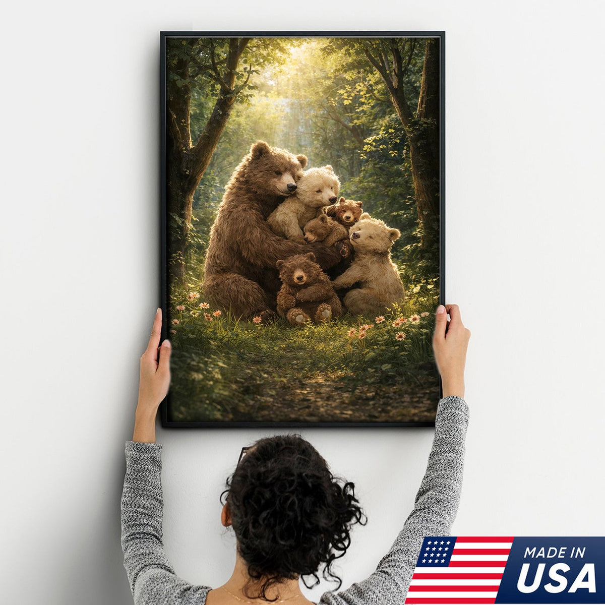 Heartwarming Bear Family Canvas Wall Art, Mother Bear with Cubs in Sunlit Forest