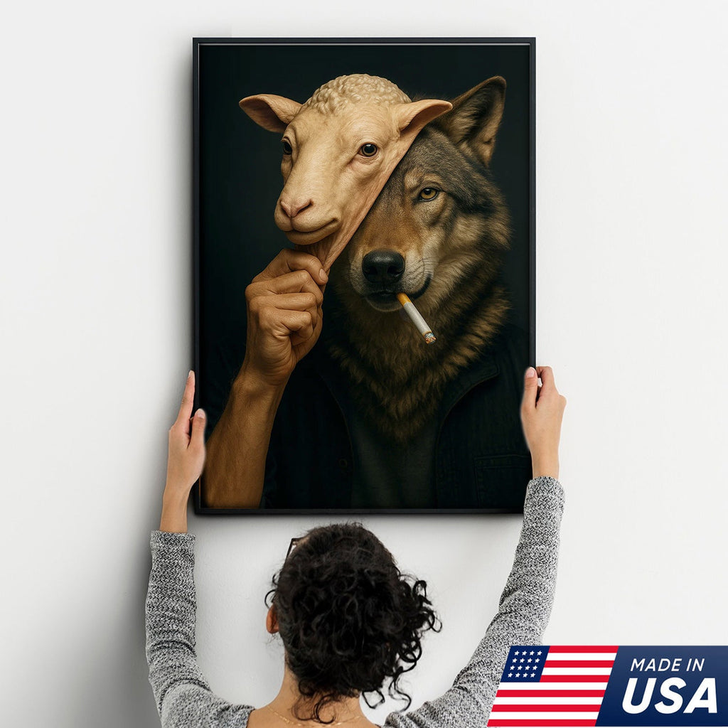 Dark Humor Wolf Wall Art — “Wolf in Sheep’s Clothing” Smoking Cigarette Concept Canvas