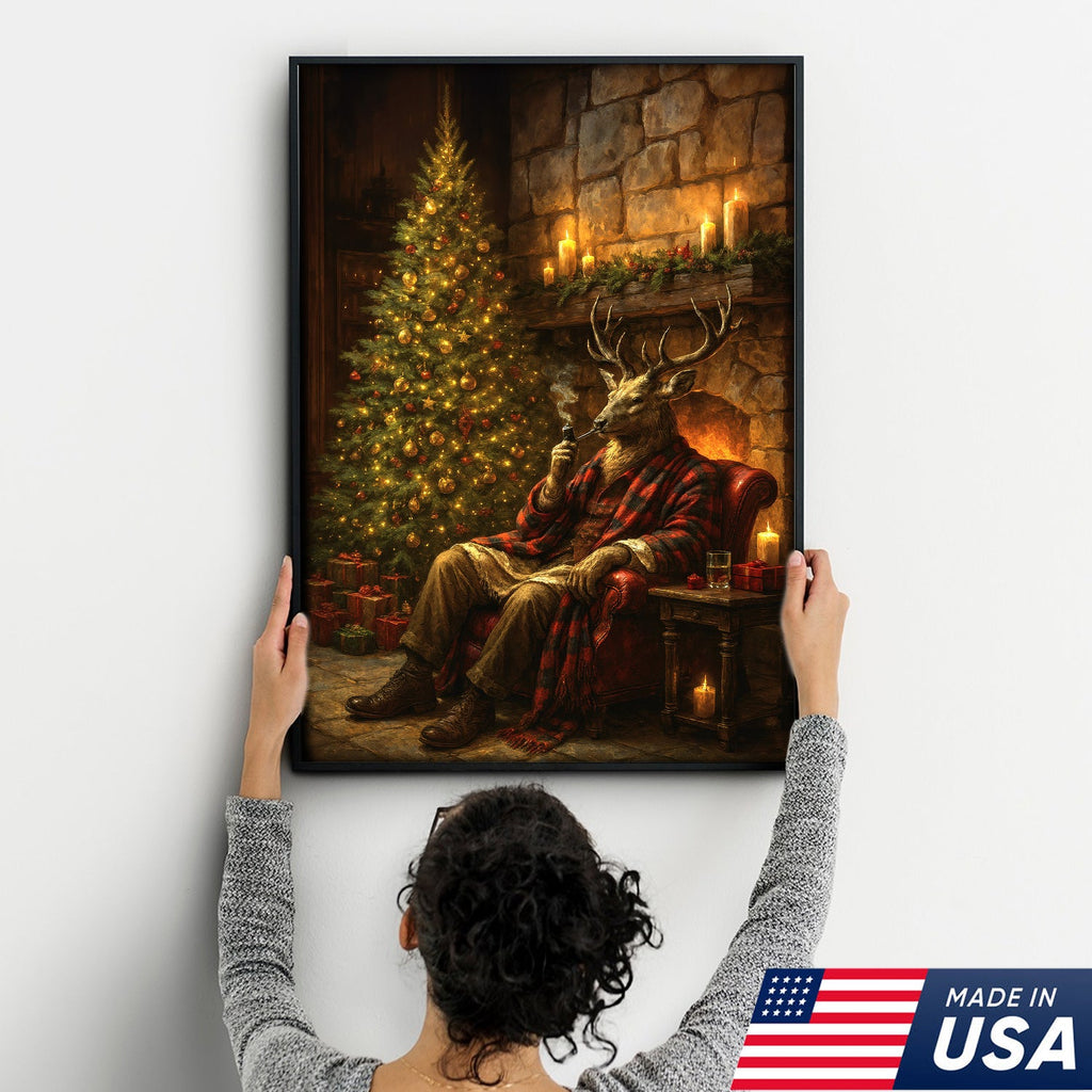 Christmas Deer Smoking Pipe Canvas - Cozy Cabin Wall Decor, Rustic Holiday Artwork