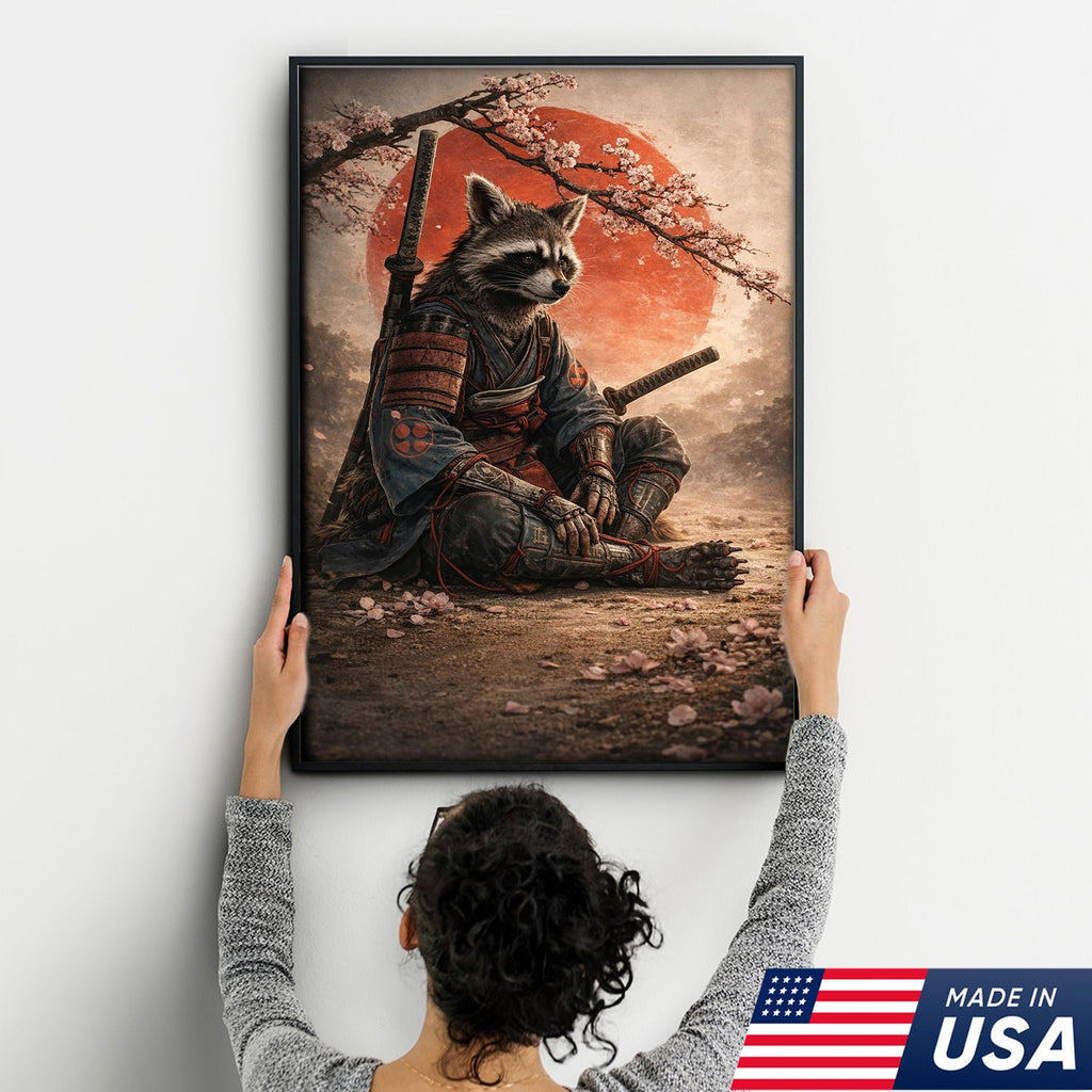 Samurai Raccoon Wall Art Canvas Print, Japanese Warrior Animal Illustration