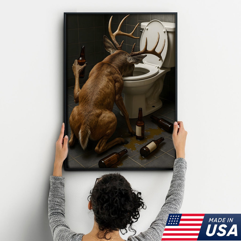 Funny Drunk Deer Canvas Wall Art, Hilarious Buck Bathroom Decor