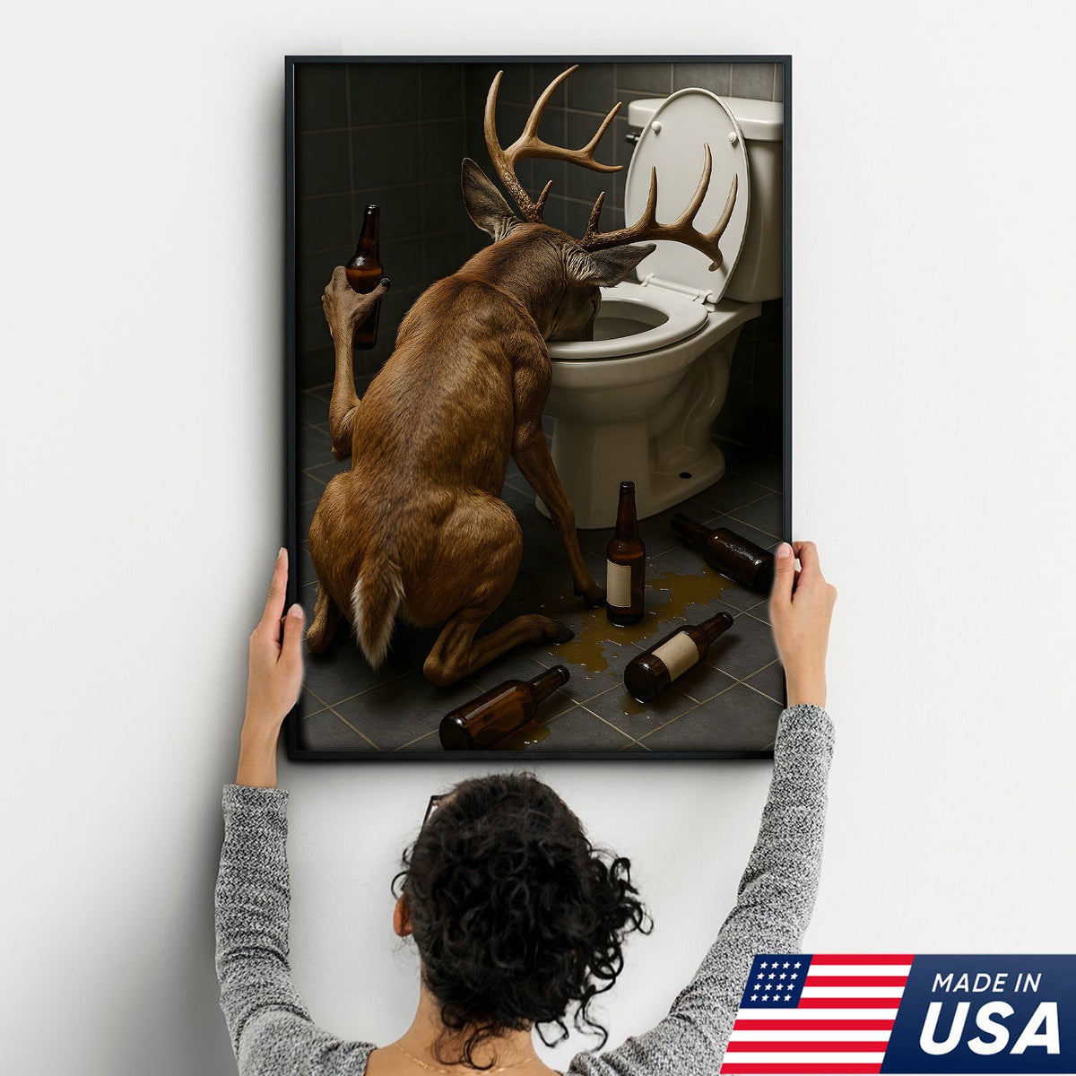 Funny Drunk Deer Canvas Wall Art, Hilarious Buck Bathroom Decor