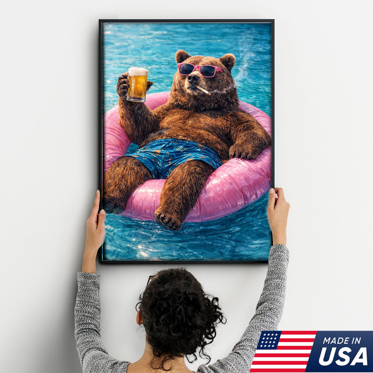 Funny Bear Pool Canvas Wall Art – Cool Bear Drinking Beer Funny Animal Decor