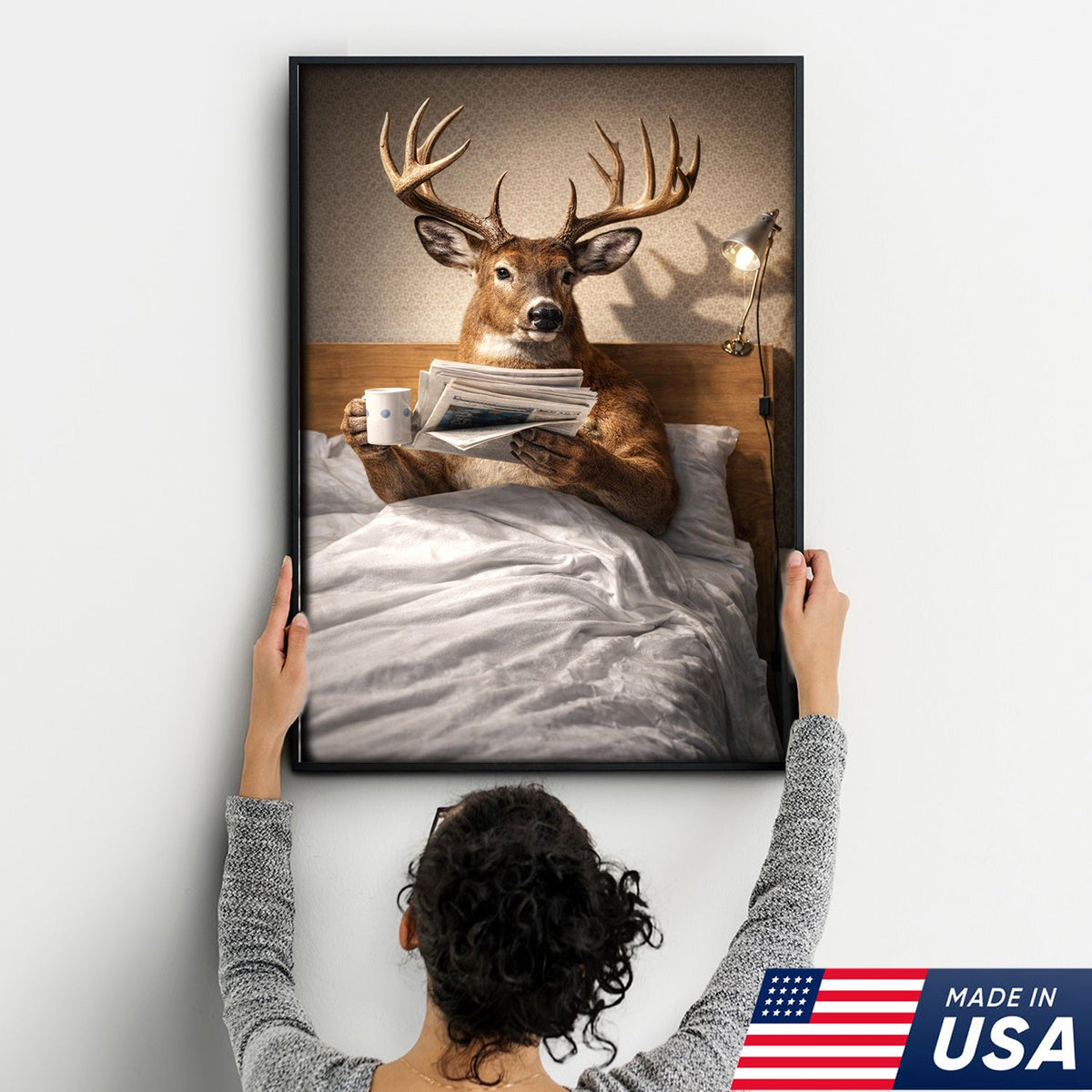 Funny Deer Canvas Wall Art Morning Coffee Newspaper Animal Humor Decor