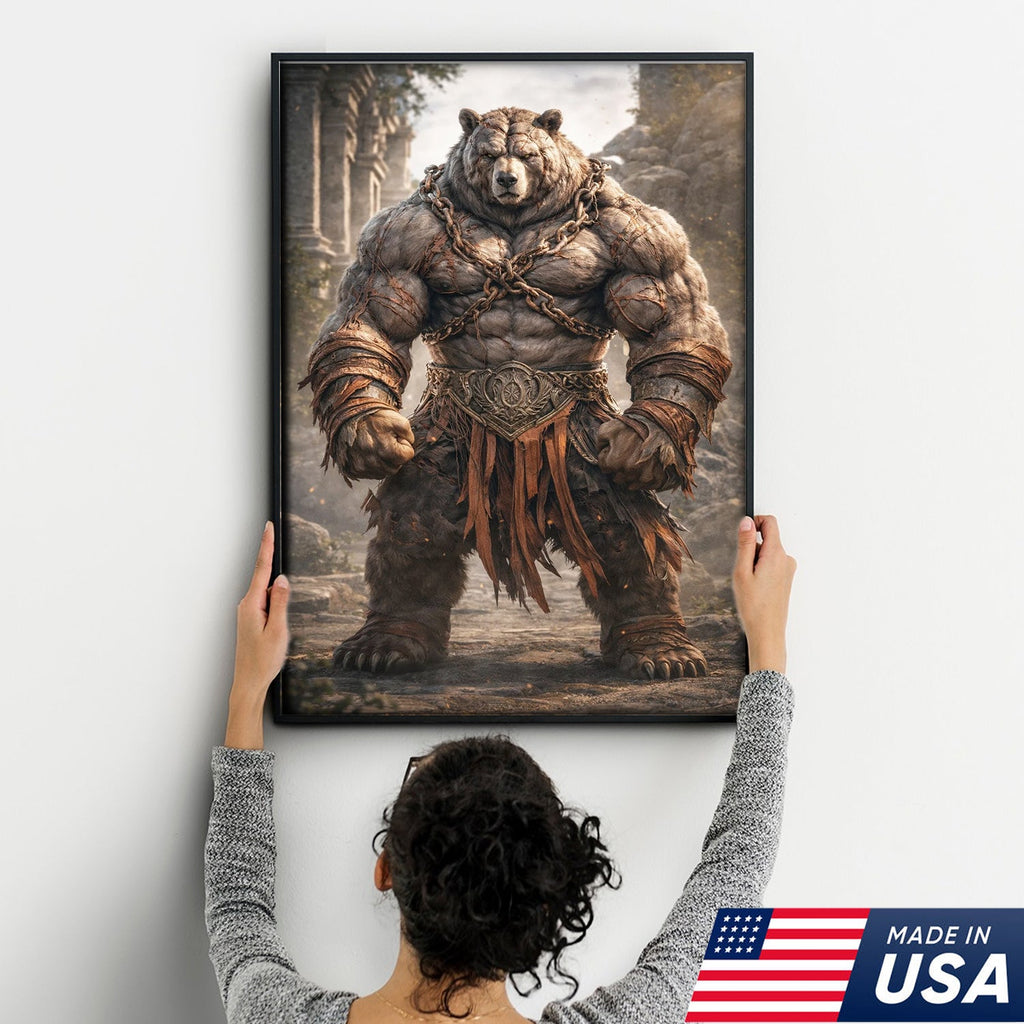 Epic Warrior Bear Canvas Wall Art – Fantasy Barbarian Animal Print