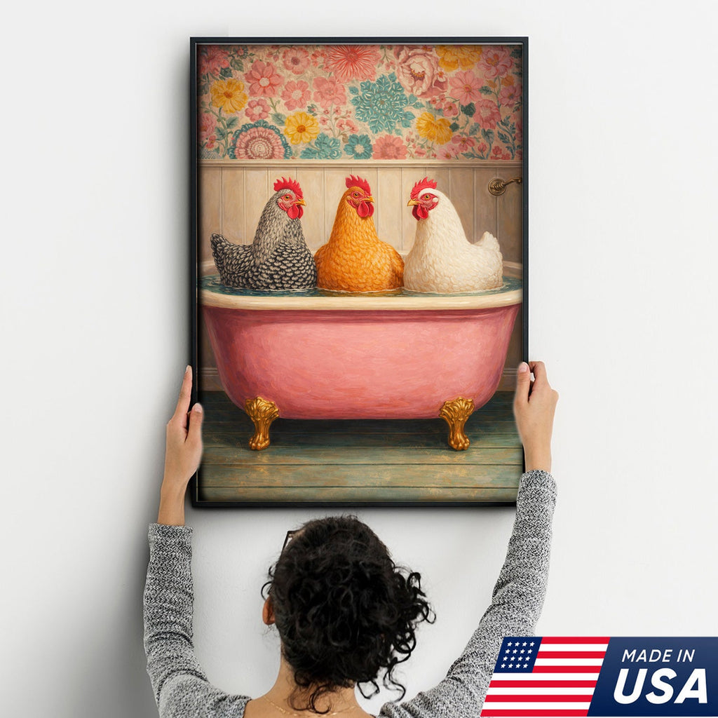 Funny Chicken Bathroom Canvas Wall Art – Chickens In Bathtub Painting