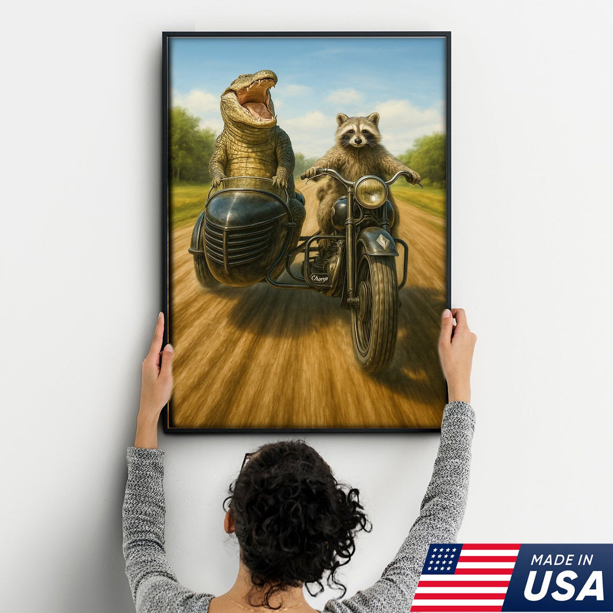 Raccoon Riding Motorcycle with Alligator Sidecar Canvas Wall Art, Funny Wildlife Road Trip Decor for Man Cave