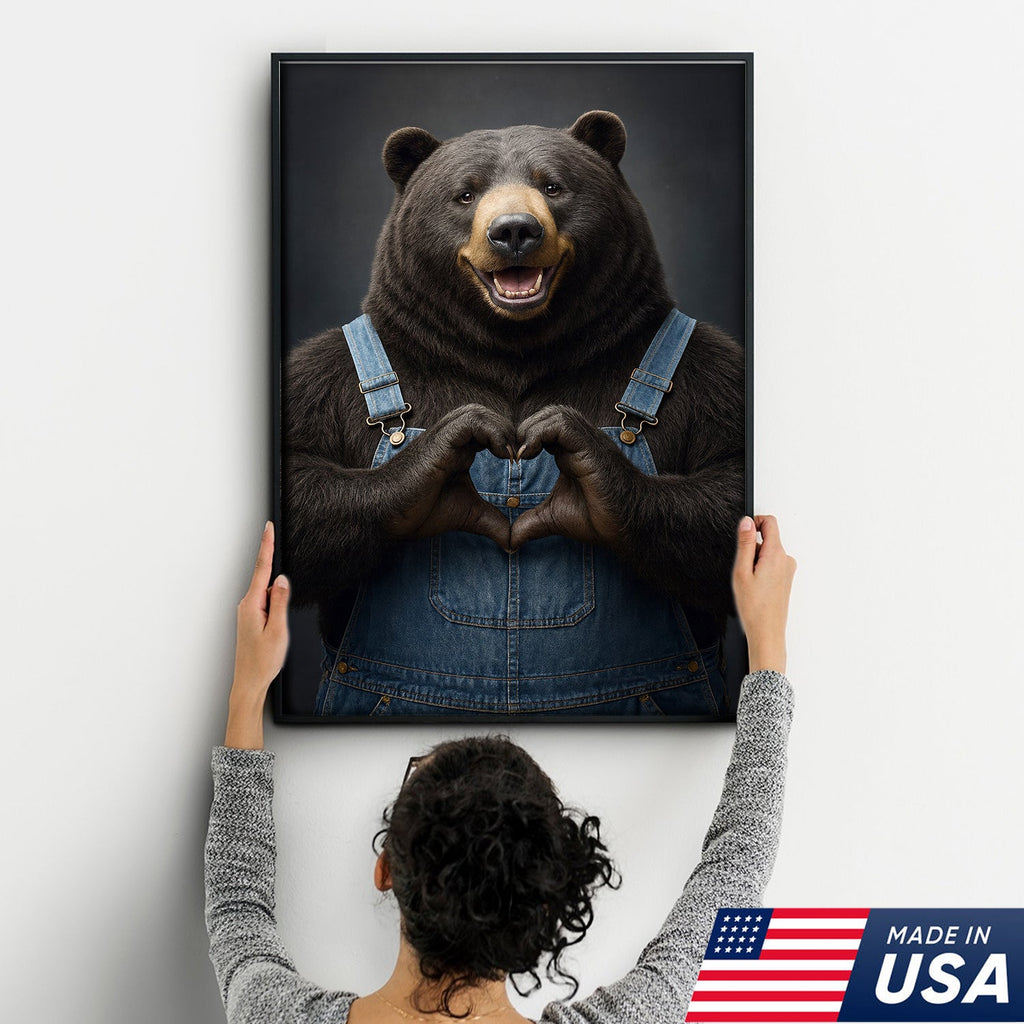 Cute Bear Heart Hands Wall Art Canvas – Whimsical Animal Print for Cabin