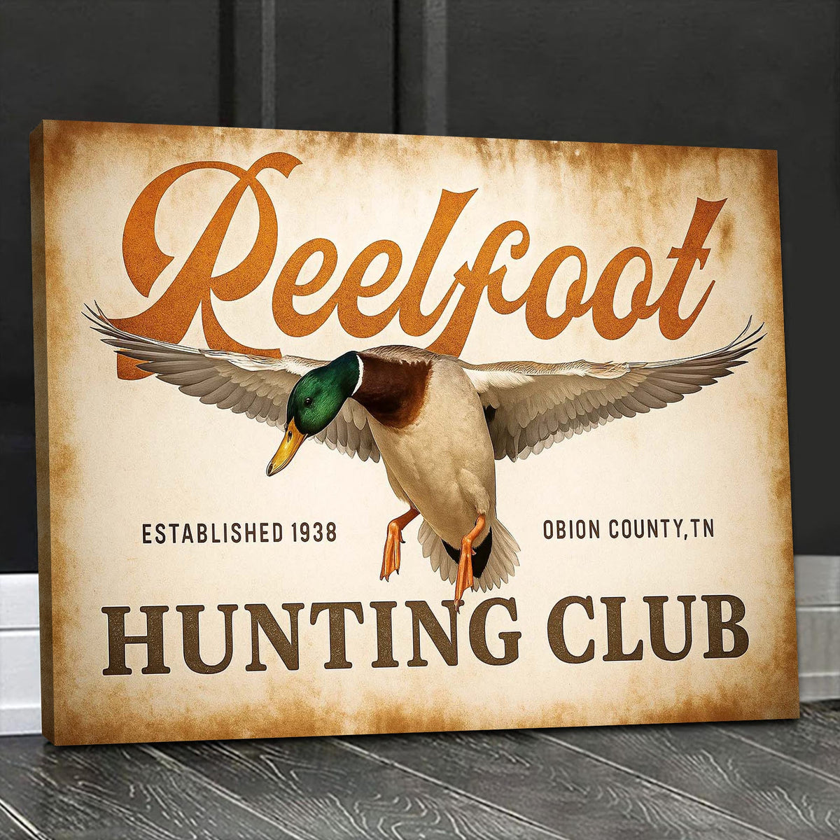 Personalized Retro Reelfoot Hunting Club Canvas Wall Art, Vintage Mallard Duck Sign