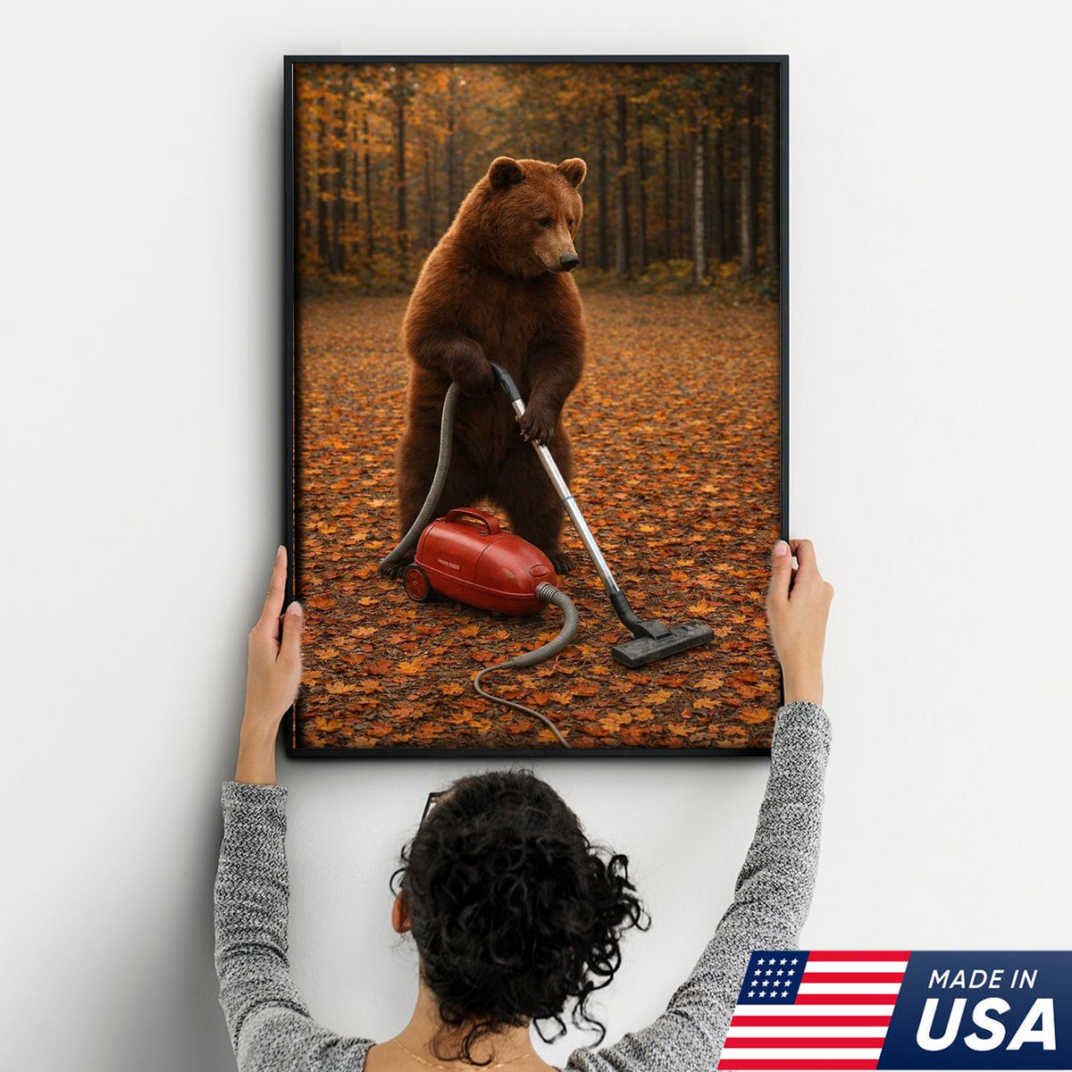 Funny Bear Vacuuming Leaves Canvas Wall Art, Whimsical Autumn Animal Humor Print