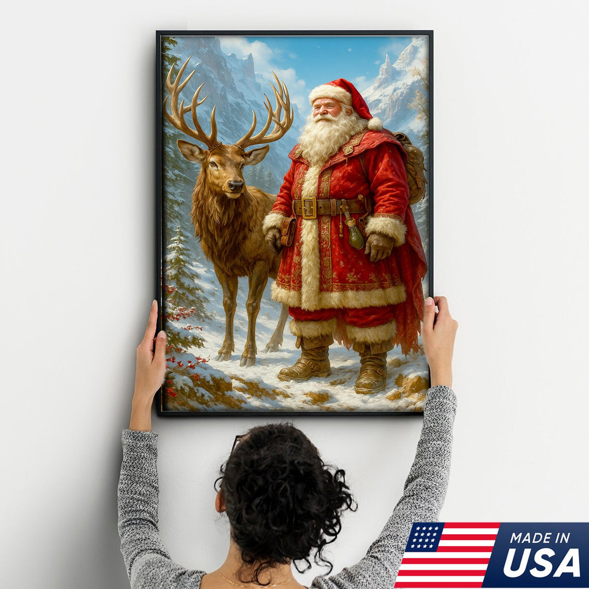 Vintage Santa Claus & Reindeer Canvas – Classic Christmas Wall Art, Cozy Winter Decor
