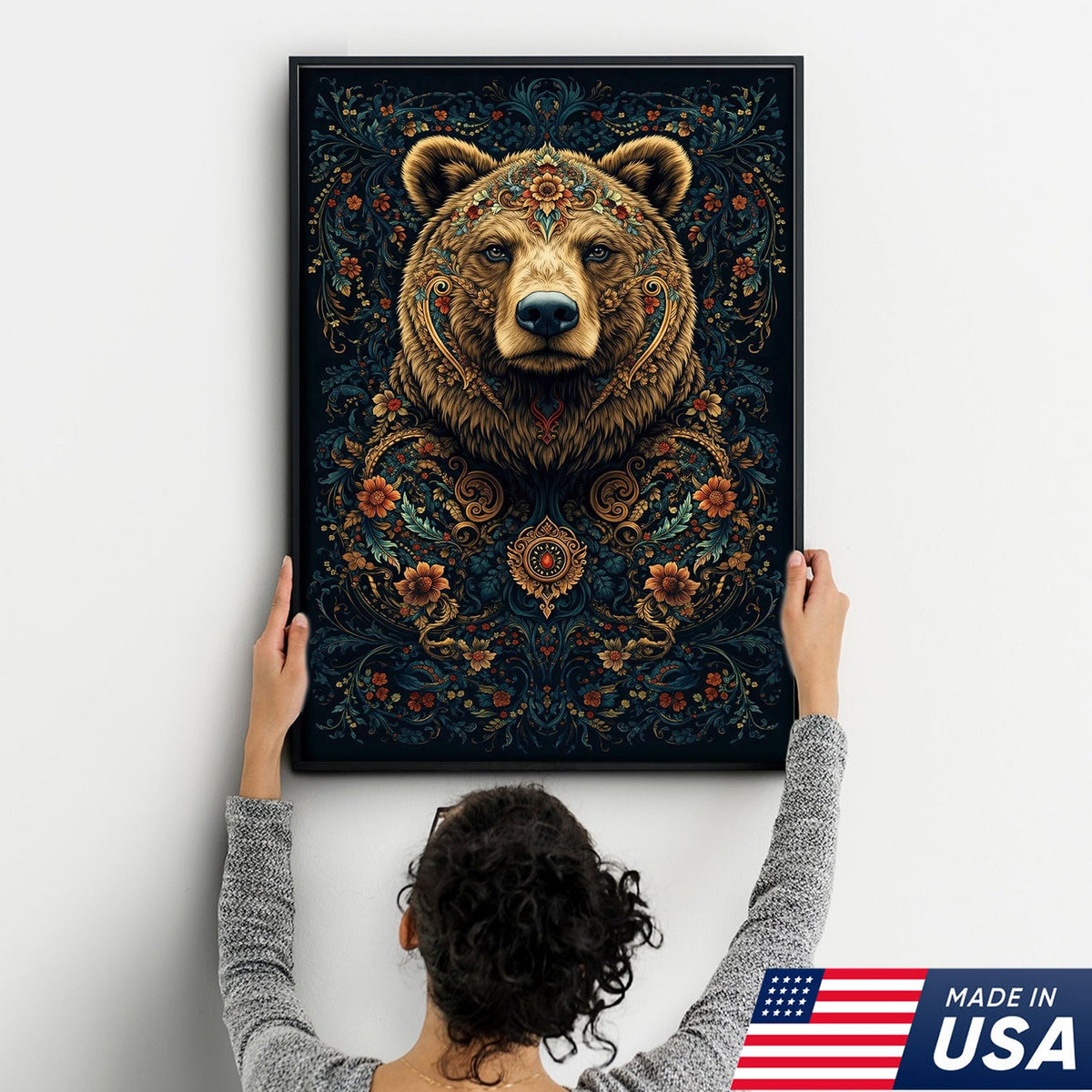 Ornate Floral Bear Canvas Wall Art, Majestic Bear Portrait with Decorative Pattern