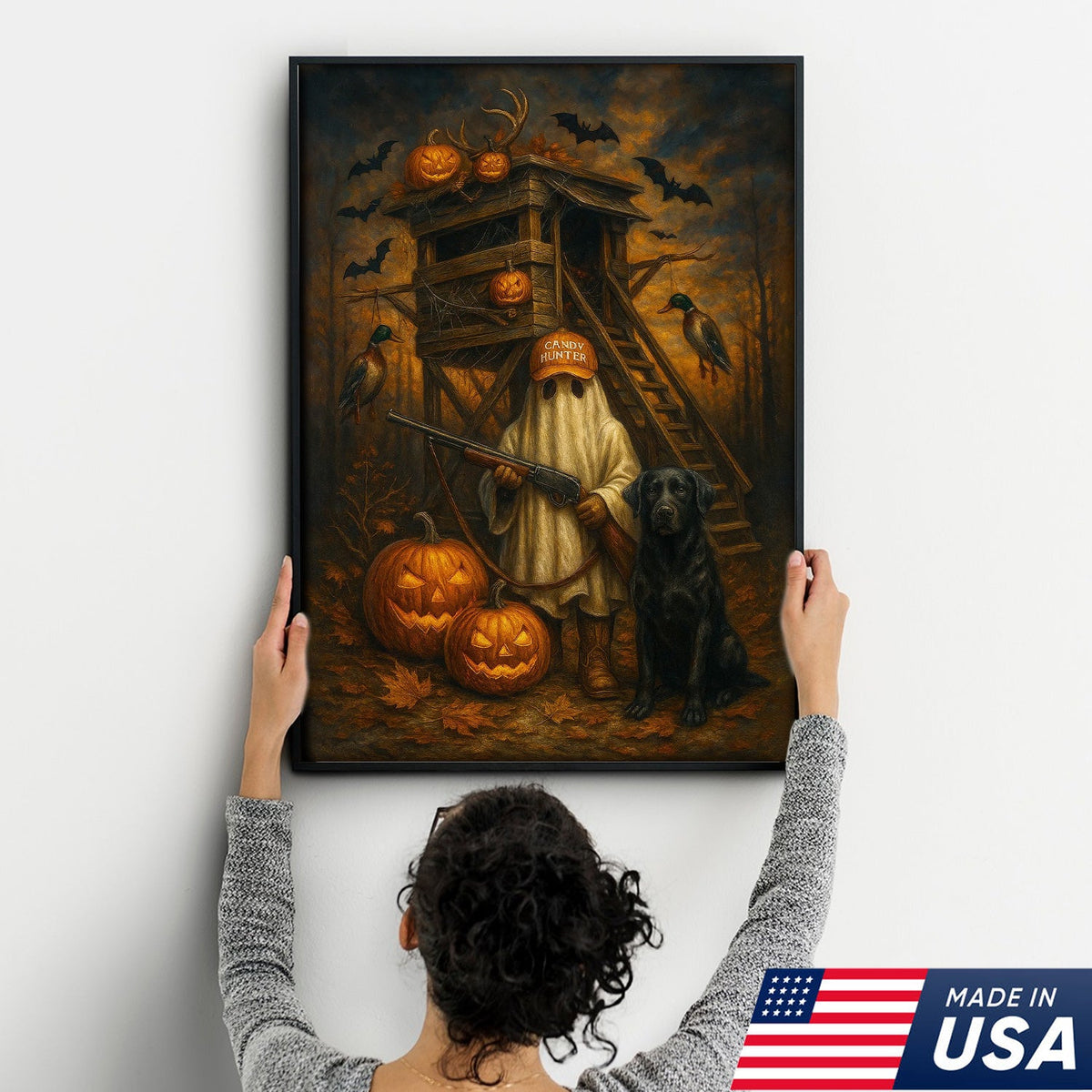 Halloween Canvas Wall Art – Ghost Hunter and Black Lab, Pumpkins, Bats and Ducks