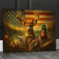 American Flag Hunting Canvas Wall Art – Whitetail Buck, Wild Turkey, Mallard Duck & Largemouth Bass