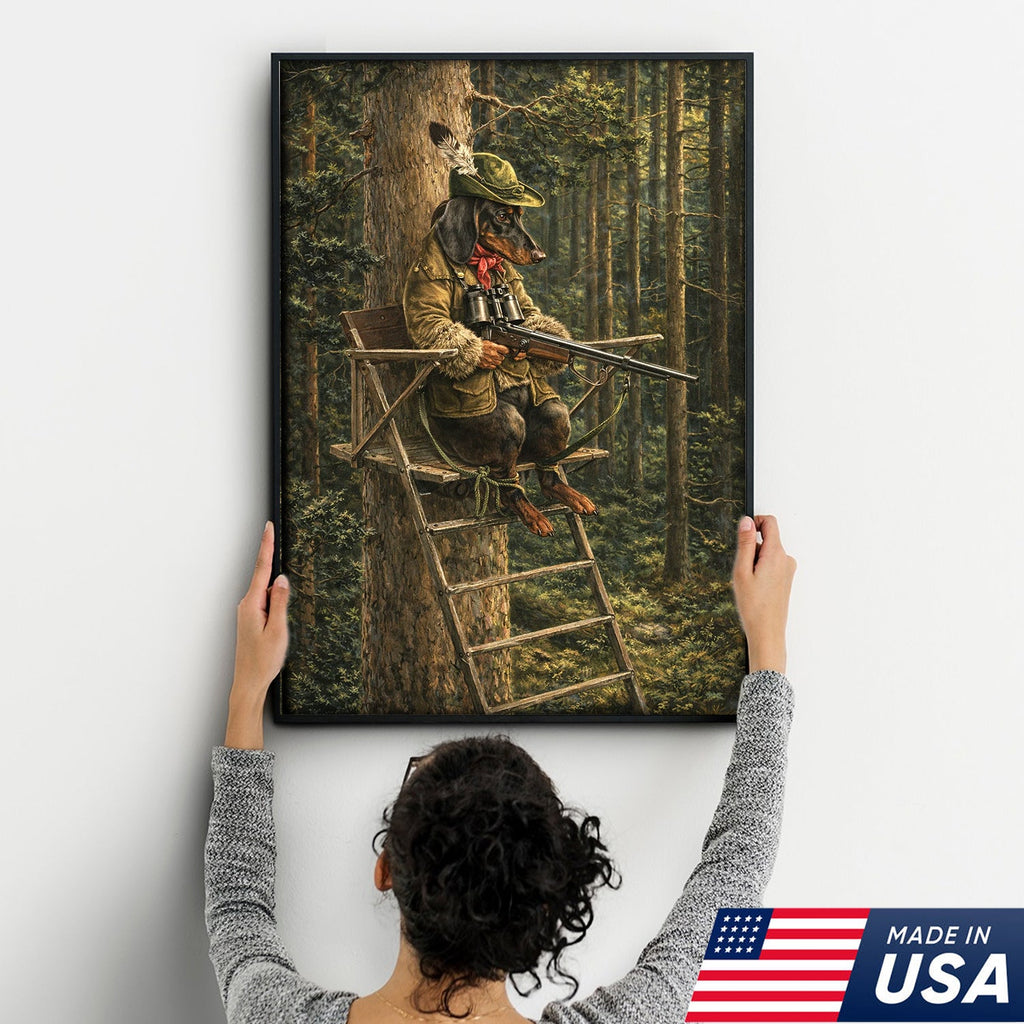 Funny Hunting Dog Wall Art, Dachshund Hunter Tree Stand Canvas