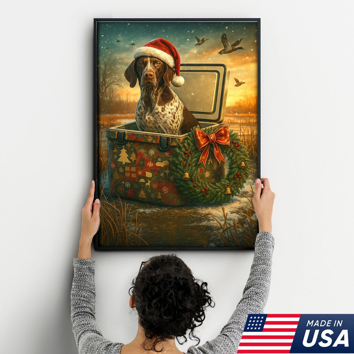 Funny Hunting Dog Christmas Canvas Art, Holiday Retriever Wall Decor for Hunters
