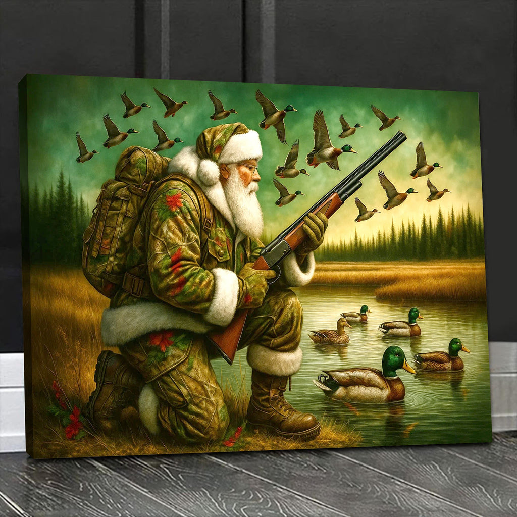 Santa Duck Hunting Canvas Wall Art, Rustic Christmas Cabin Decor, Outdoor Waterfowl Hunter Gift