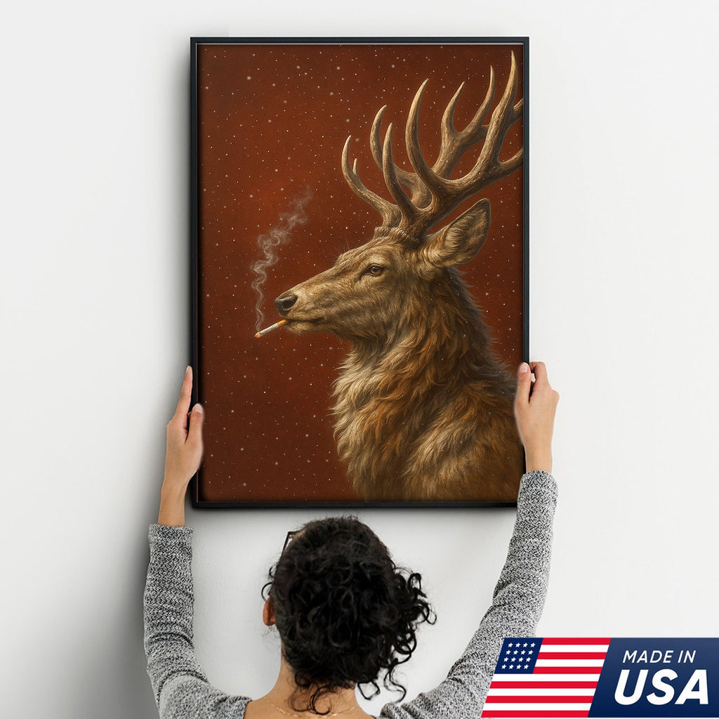 Smoking Deer Wall Art Canvas – Rustic Buck Canvas Print, Funny Christmas Cabin Decor
