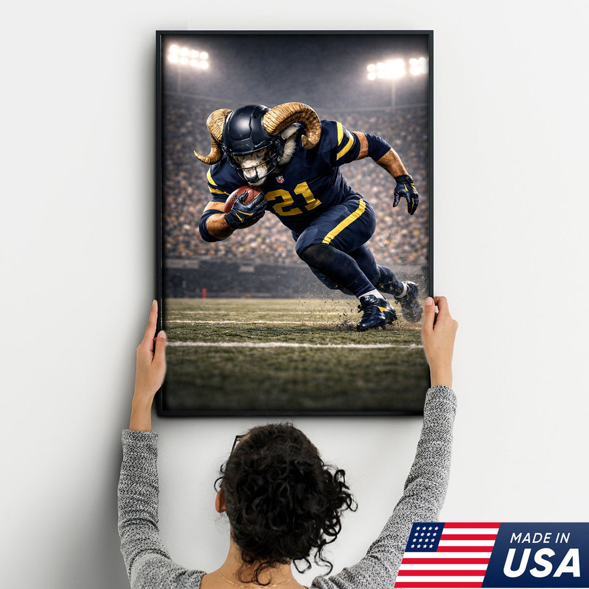 Mighty Ram Football Canvas Wall Art – Horned Athlete Stadium Action Print
