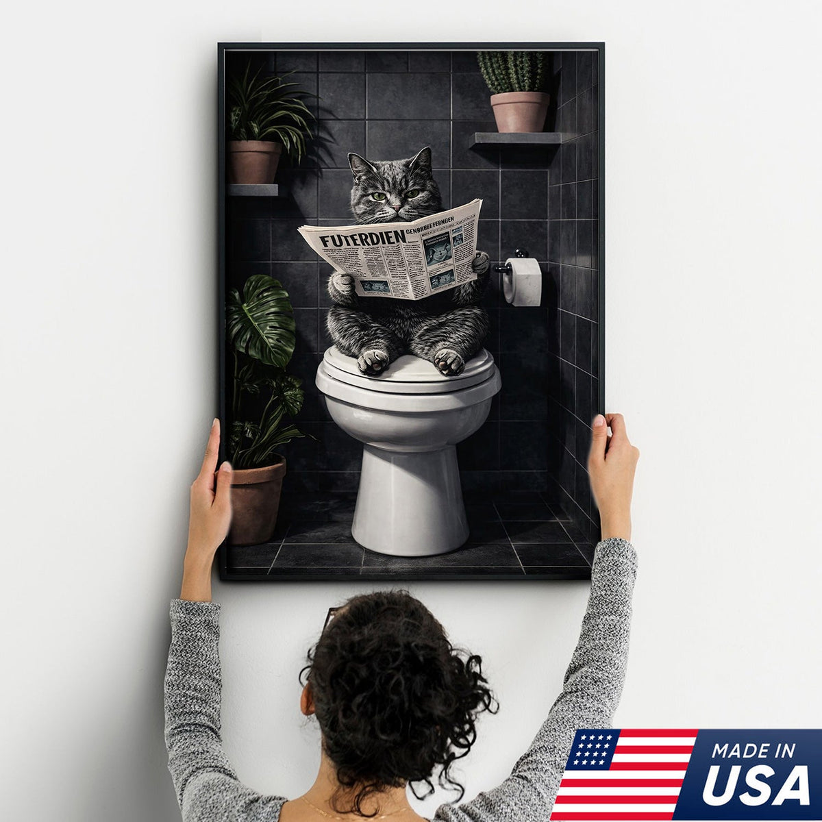 Funny Cat Bathroom Canvas – Cat On Toilet Wall Art – Meme Decor