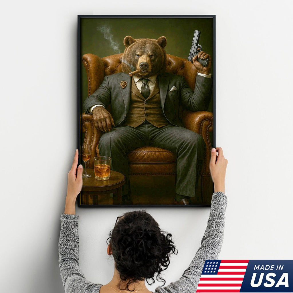 Boss Bear in Tailored Suit Canvas Wall Art, Powerful Gentleman Animal Portrait